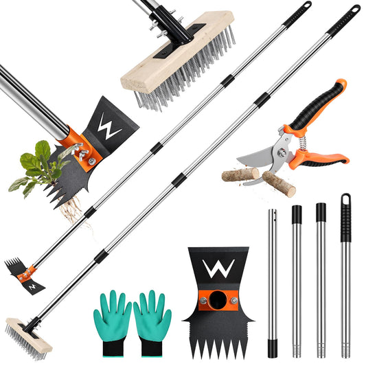 ZORSHUY 4-in-1 Weeding Tool with Hoe, Grabber, Pruning Shears & Scrub Brush,Garden Hoe & Weed Puller Tool with Long Handle,Dandelion Heavy Duty Uprooting Tool for Lawn Yard Garden