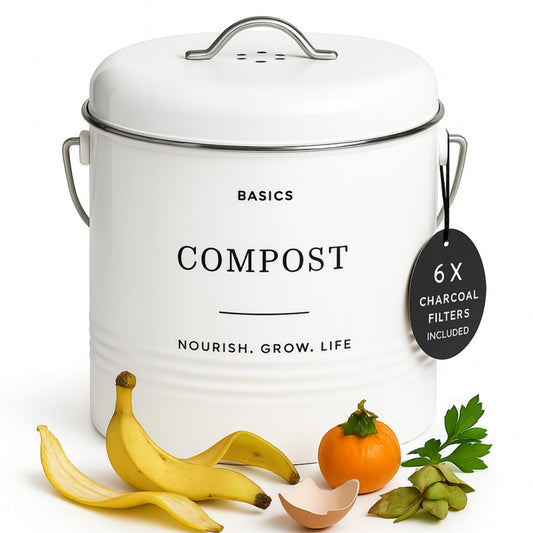 D'Lifeful Kitchen Compost Bin – 1.3 Gallon Countertop Farmhouse Compost Container with Lid – Odorless Indoor Food Scrap Pail with 6 Charcoal Filters – Eco-Conscious and Easy to Clean (White)