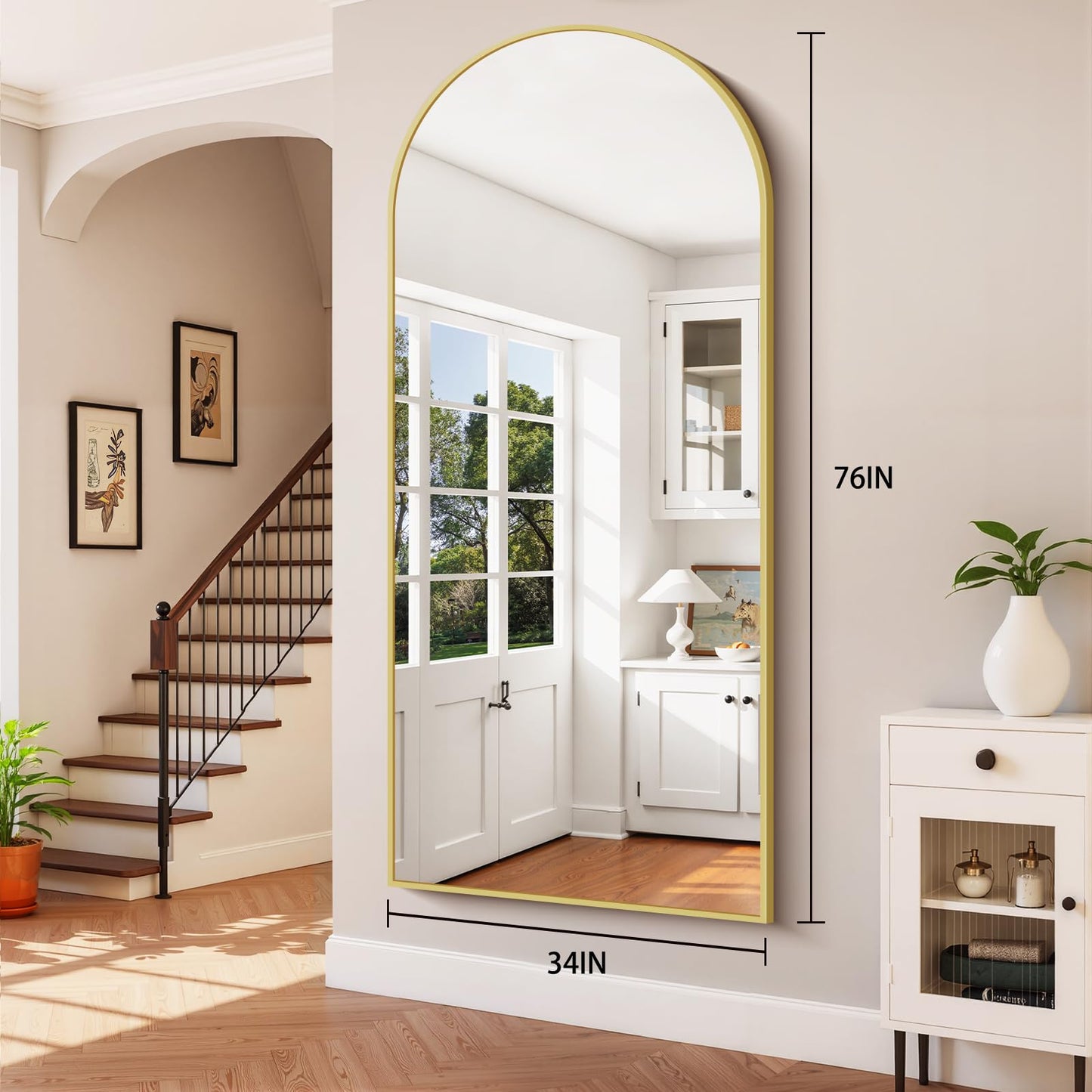 InfiniGlass 76"x34" Arched Full Length Mirror, Large Floor Mirror with Aluminum Alloy Frame Standing Hanging or Leaning Wall-Mounted Mirror, Vanity Mirror for Living Room and Bedroom,Gold
