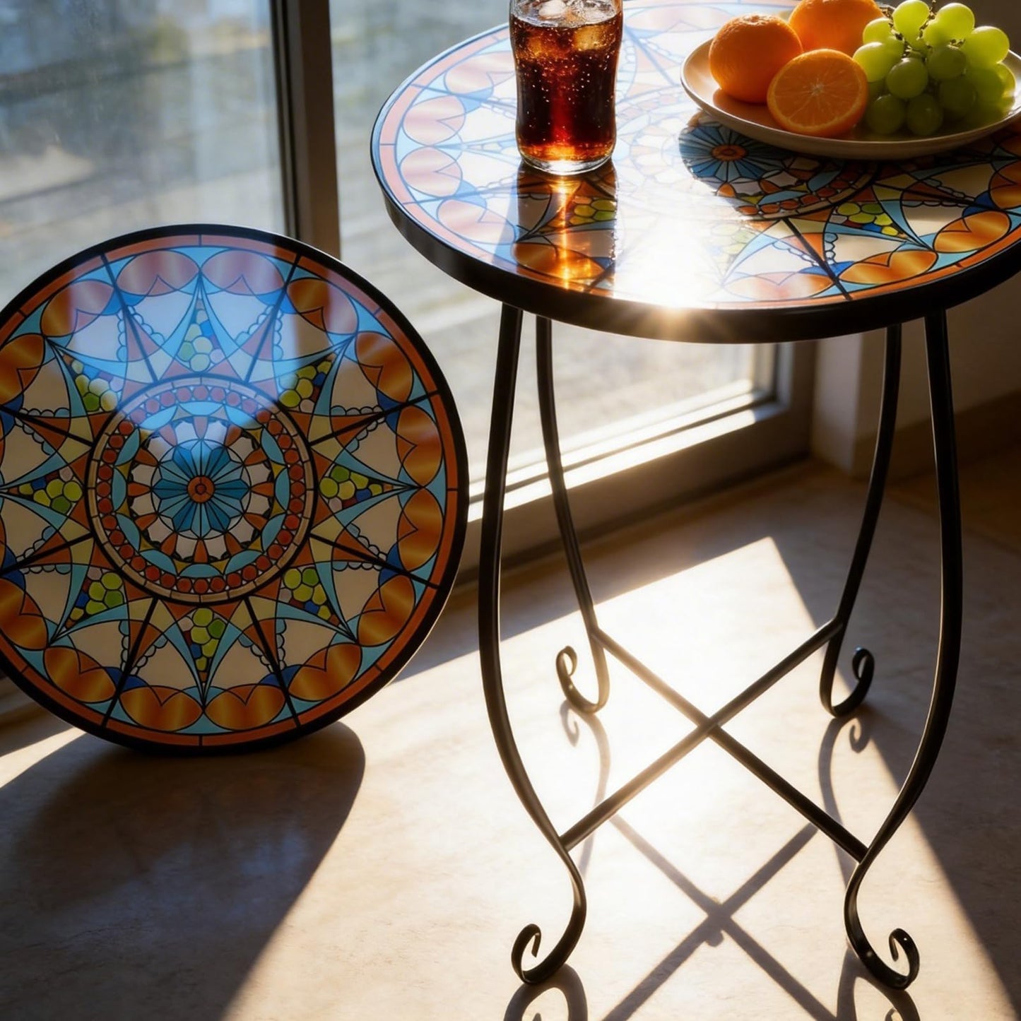 Kaesithar Set of 2 Mosaic Outdoor Side Tables Round, 15 Inch Height - Small Patio Table Set, Foldable Sun Pattern Metal Plant Stands for Garden, Balcony & Yard (Mosaic Sun, 2 Pack)