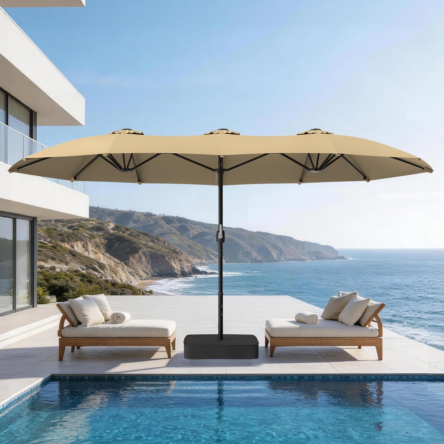 Suteck 15x9 ft Patio Umbrella with Base Included, Double-Sided Rectangle Outdoor Large Umbrella with Crank Handle, UV & Fade Resistant Canopy for Poolside, Backyard, Deck and Market, Beige