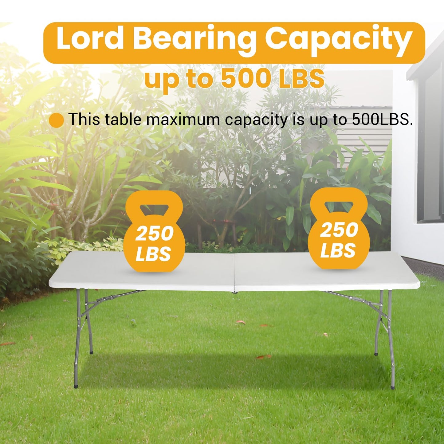 FDW 6FT Folding Table, Portable Fold-in-Half Plastic Picnic Party Table with Carrying Handle (White