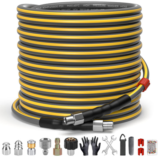 TUTULUCK Sewer Jetter Kit for Pressure Washer, 5800PSI Drain Cleaner Hose 1/4 Inch NPT Corner,Showerhead,Rotating rotates,Mushroom Nose,Corner sewer nozzle(100FT)