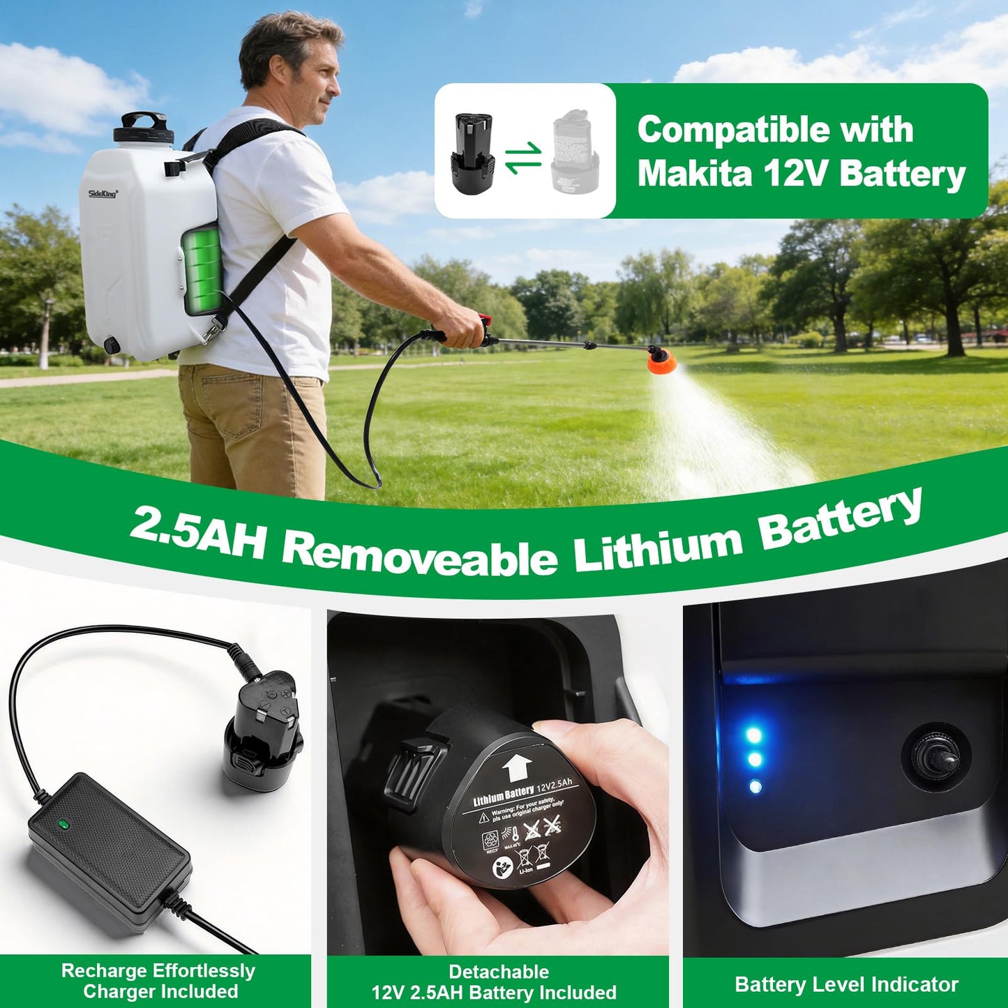 SideKing 4.2 Gallon Backpack Sprayer Battery Powered, 100 PSI Electric Garden Sprayer Compatible with Makita 12V Battery, Weed Sprayer with Telescopic Wand & 4 Nozzles for Lawn, Yard & Pest Control