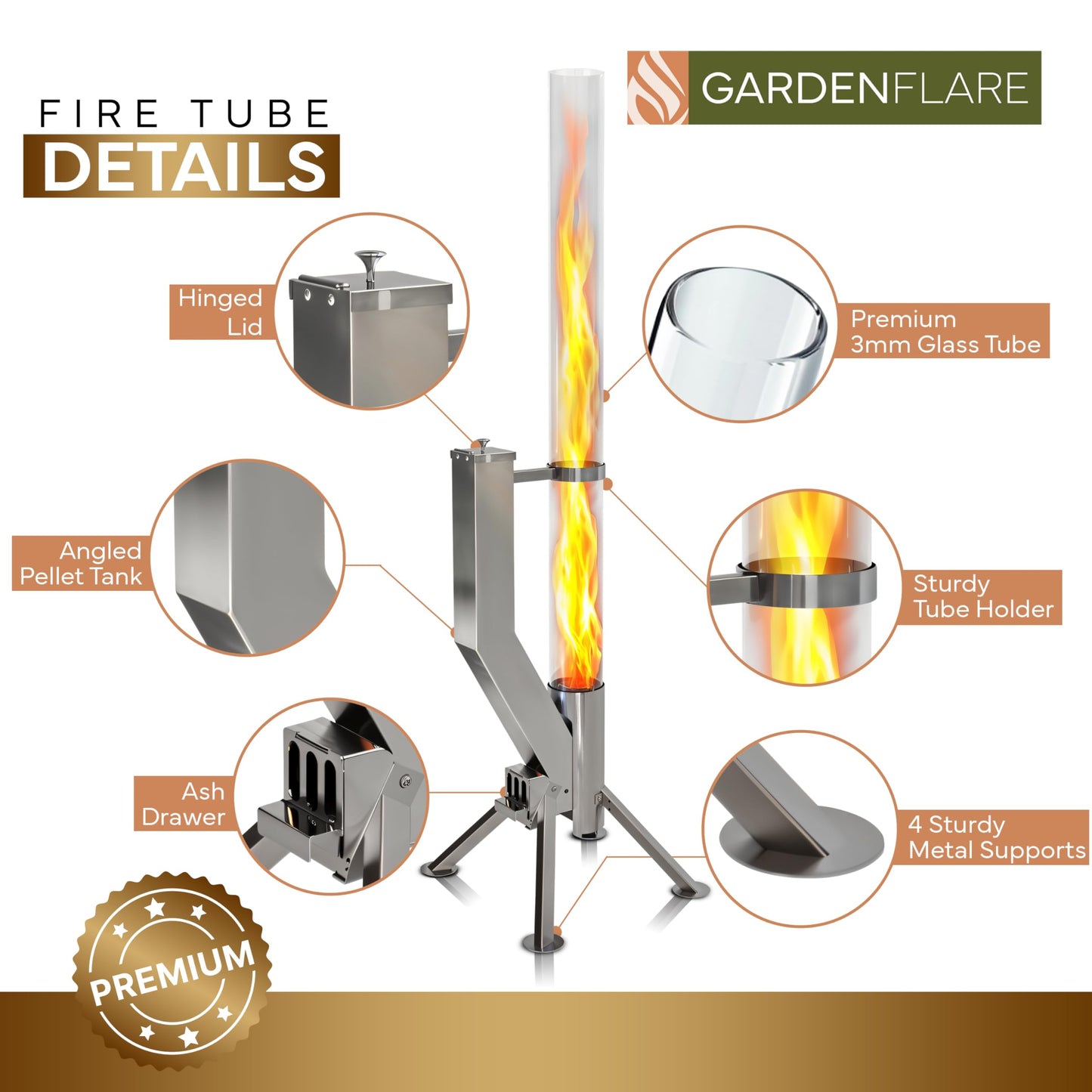 Gardenflare GARDENFLARE Stainless Steel Pellet Stove & Smokeless Firepit, Patio Heater for Ambiance - Fire Pit for Patio, Fire Tube, Outside Backyard Bonfire & Outdoor Fireplace (Silver, Premium)