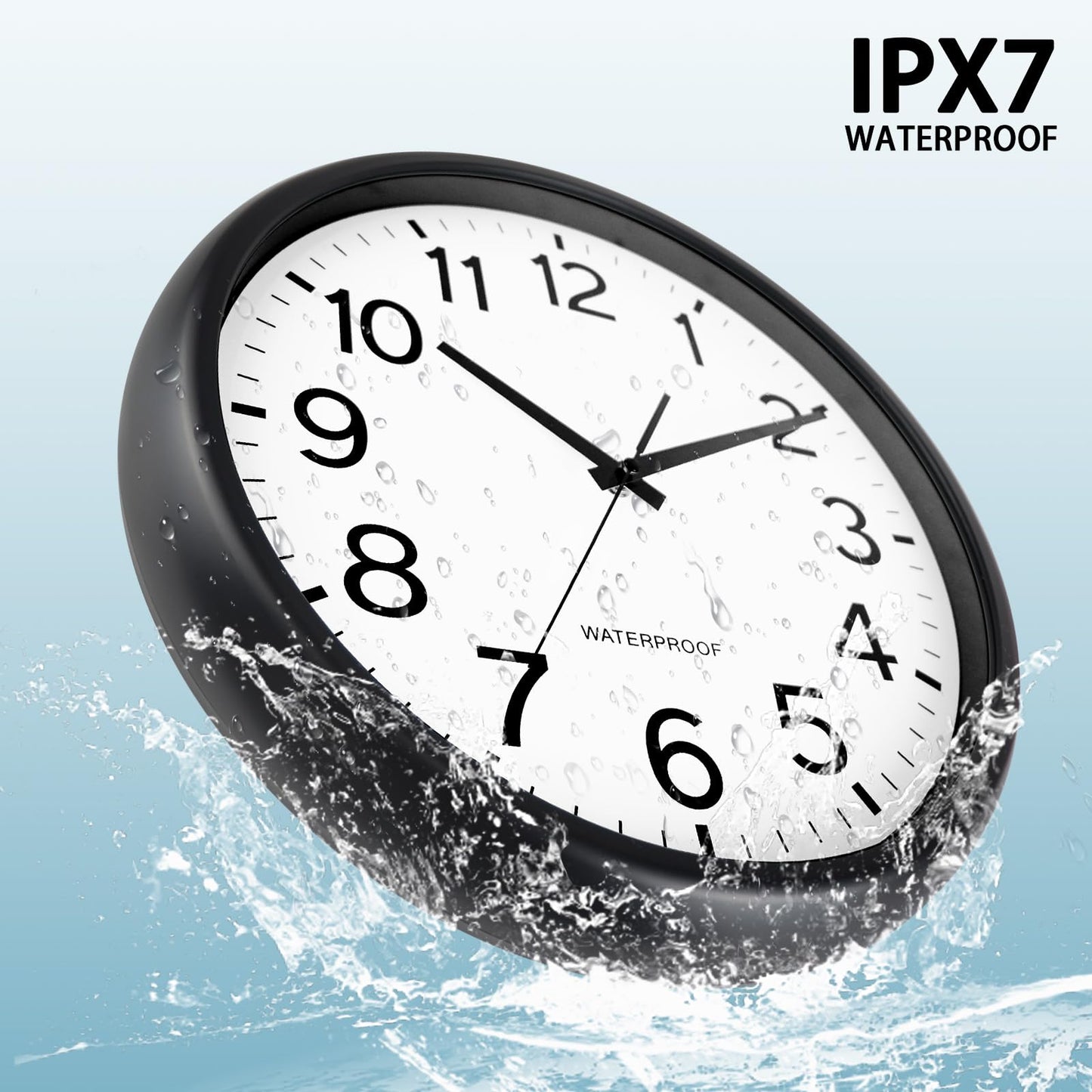 Caysie 16 Inch Sealed Large Outdoor Clock Waterproof, Silent Battery Operated Weatherproof Wall Clocks for Pool Patio Outside Home (Black)