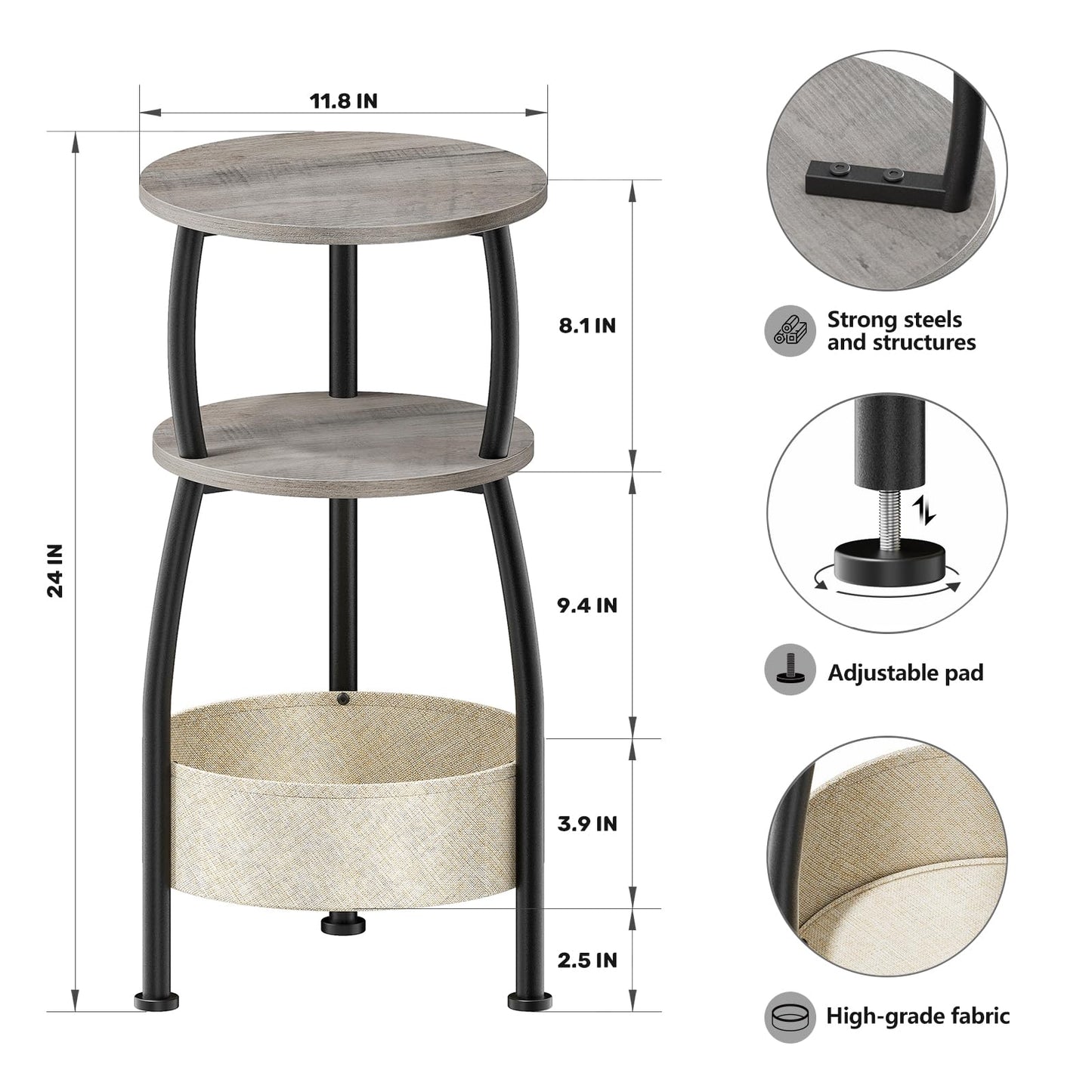 Yuede Round Side Table with Storage Basket –Small Space Saving End Table 3-Tier Coffee Table Bedside Corner Stand for Living Room, Bedroom, Garden and More 24in Tall Greige