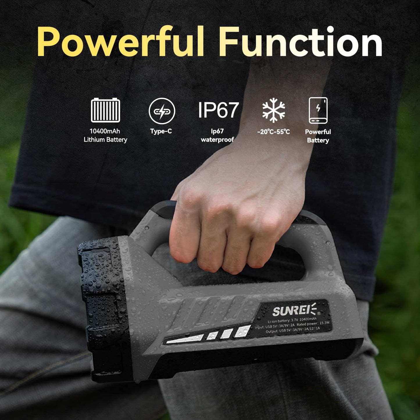 SUNREI Rechargeable LED 1500LM Box Flashlight, 8 Light Modes Portable Camping Lantern, 10400mAh Power Bank, IP67 Waterproof for Emergencies Power Outages, Hurricane Emergency, Hiking, Home, etc