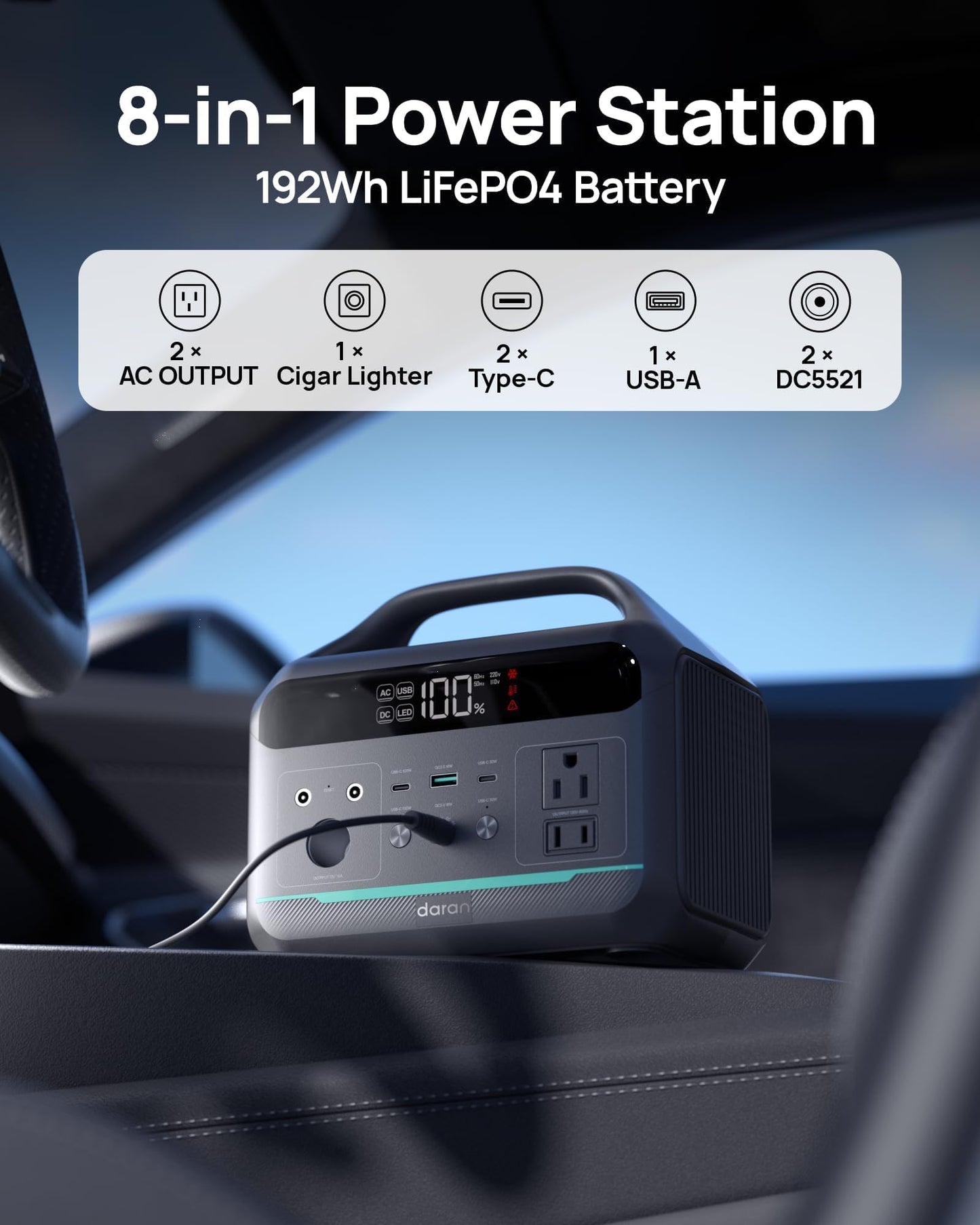 DARAN Portable Power Station 300W (600W Peak), 192Wh LiFePO4 Battery Solar Generator with 60W PD Fast Charge, 5.84lbs Lightweight Backup Battery for Outdoor Camping, CPAP, RV (Solar Panel Optional)