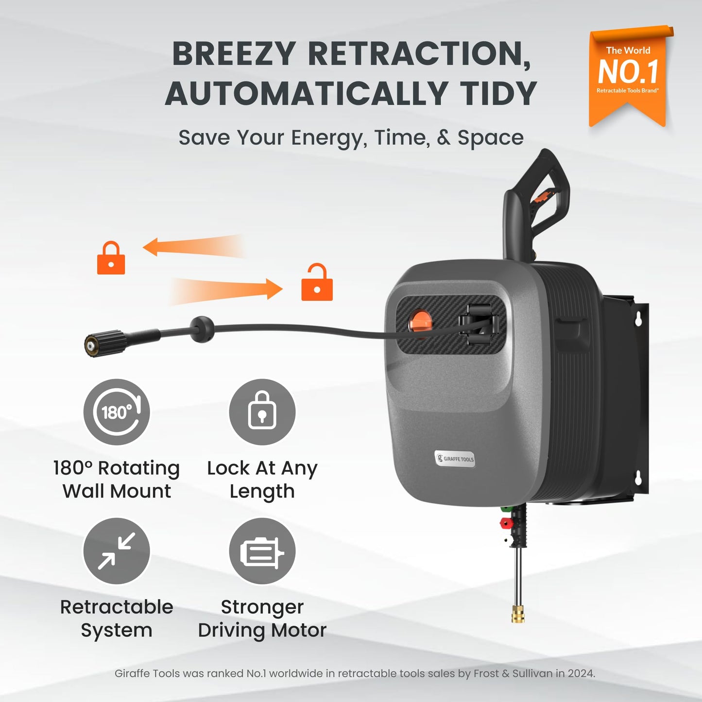 Giraffe Tools Grandfalls Retractable Pressure Washer G20B, 2500 PSI 2.2 GPM, Wall Mounted Power Washer with 65FT Hose Reel, Black Pressure Hoses, 4 Nozzles for Floor/Cars/Fences/Patios, Dark Silver