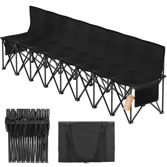 Suteck 8-Seat Folding Bench Seat–Portable Team Bench Soccer with 17.3"x 17.3" Individual Seats, 600D Oxford Fabric & Side Pockets, Heavy Duty Outdoor Bench for Sports, Camping, Patio & Park Events
