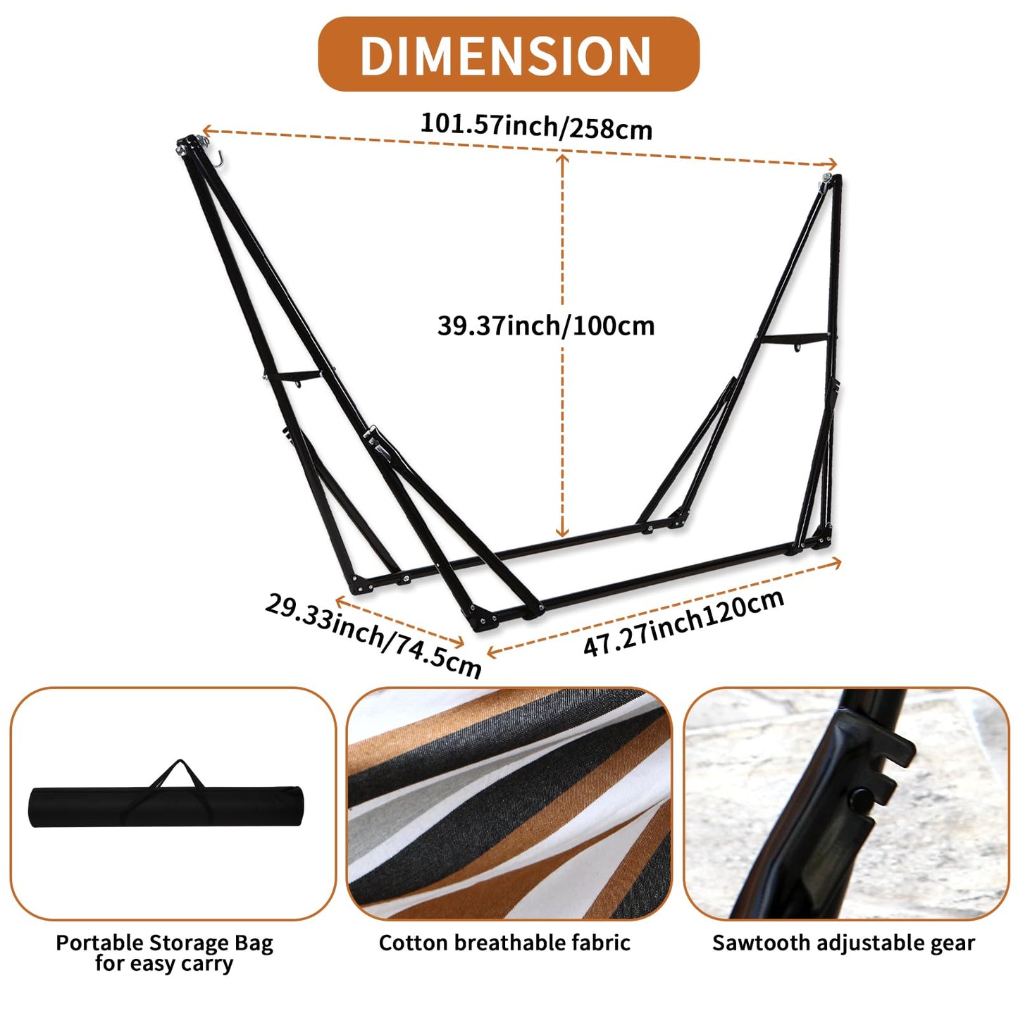 LIEVIM Portable Hammock with Stand for Outside Foldable,Frabic Tension Adjustable Indoor,Carrying Bag Included, 616 lbs Weight Capacity, Suitable Garden Yard Outdoor Inhouse Multicolour