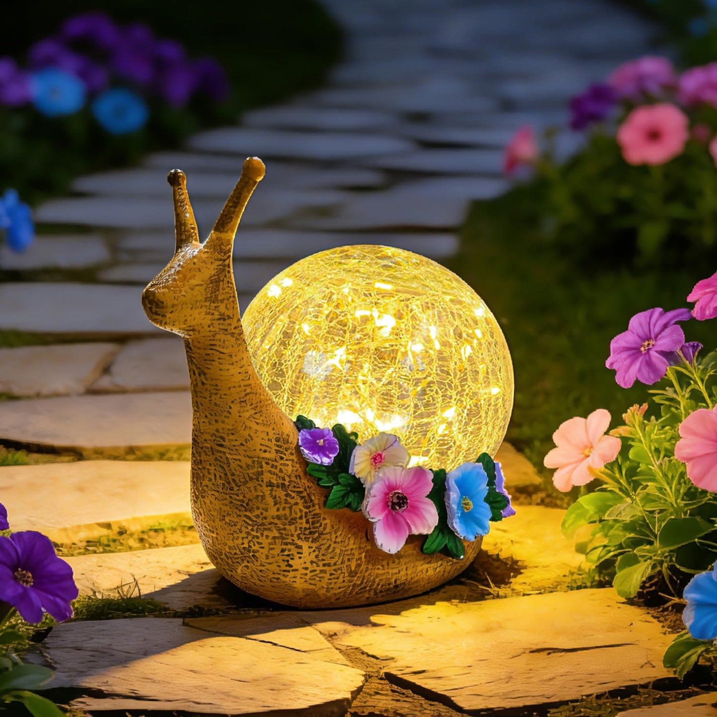 QCF Solar Snail Garden Decorations Outdoor Lights Yard Decor,Resin Fariy Statues Cracked Glass lamp Outside for Backyard Patio Lawn Porch,Unique Gifts for Women Mom Grandma