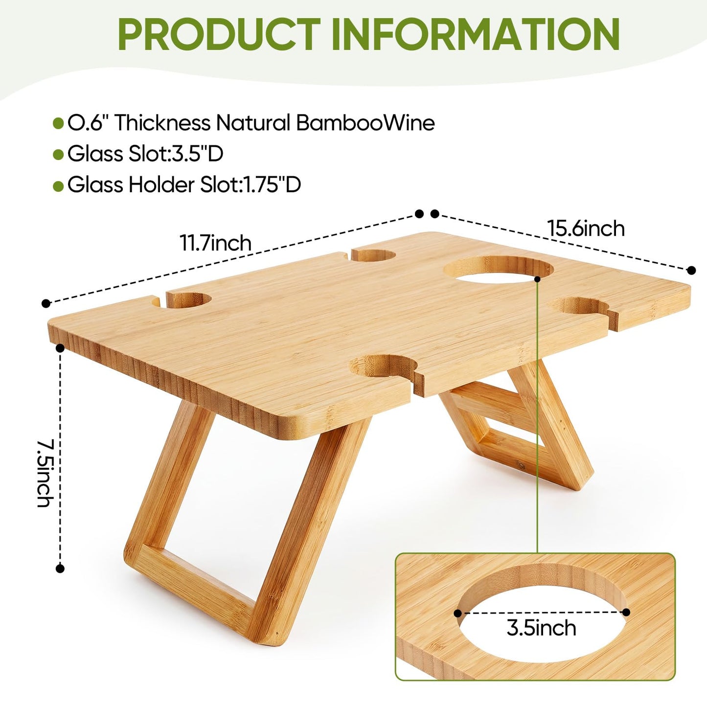 Dumbpec Bamboo Wine Picnic Table, Foldable Portable Charcuterie Tray with Bottle Slot and 4 Glass Holders, 15.6 x 11.7 x 7.5 in, for Beach, Park, Camping