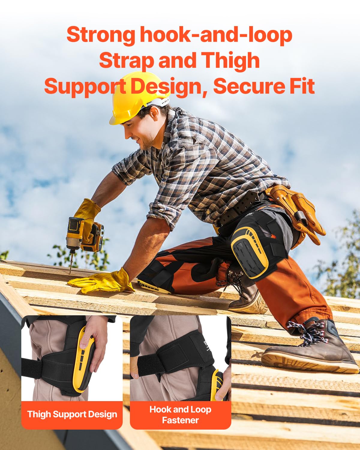 VEVOR Knee Pads for Work, Extended Heavy Duty Construction Knee Pads with 2 Extension Straps, Foam Gel Cushion, Anti-slip for Gardening Flooring Roofing and Cleaning, Men & Women, Yellow and Black