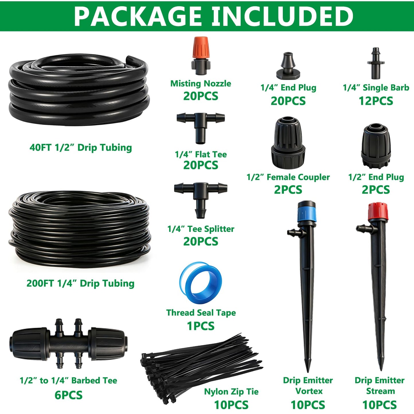 Aienxn 135PCS 240FT Drip Irrigation System Set, Automatic Drip Irrigation Kit for Greenhouse, Yard, Lawn, Plant, with 1/2 inch Hose, 1/4 inch Distribution Tubing and Accessories