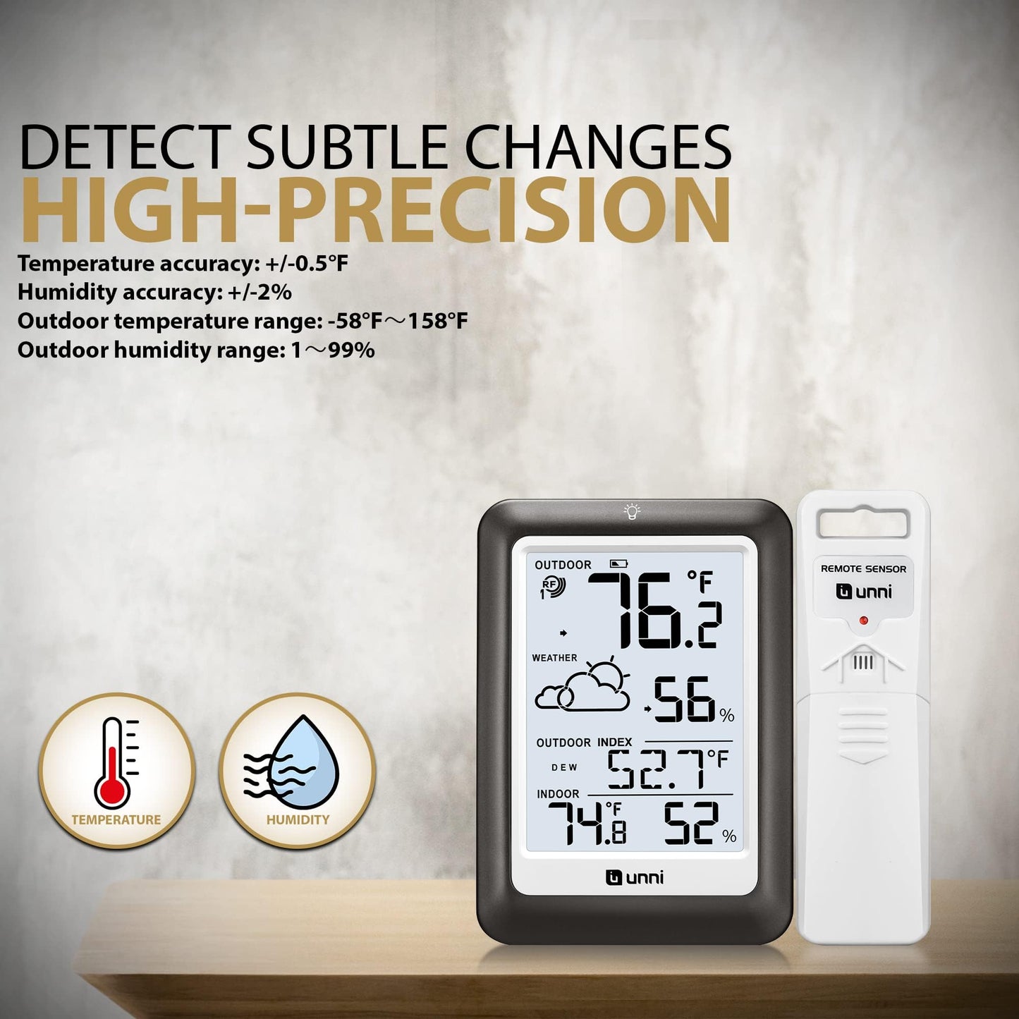 Indoor Outdoor Thermometer Wireless Weather Station, Temperature Humidity Monitor Battery Powered Inside Outside Thermometers with 330ft Range Remote Sensor and Backlight Display（Metal Black）