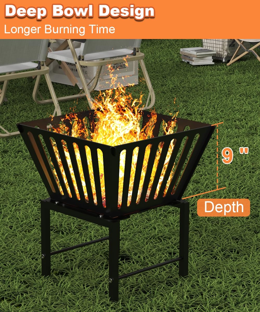 Mondazie Outdoor Fire Pit — 17 Inch Portable with Storage Bag for Camping, Patio Heating, Picnic and BBQ, Trapezoid Vertical Hollow, Black