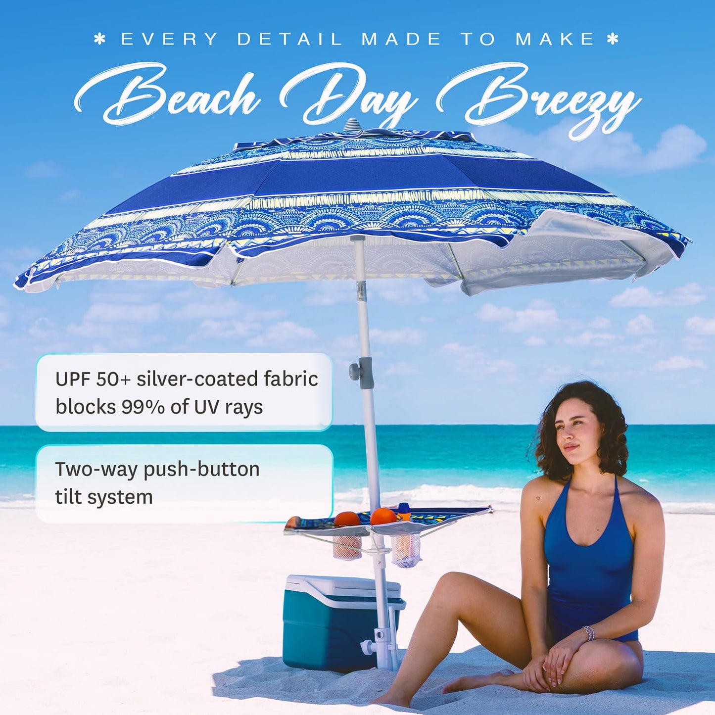AMMSUN 7ft Heavy Duty High Wind Beach Umbrella with sand anchor, Built-in Table Tray & Tilt Pole, UPF 50+ Windproof Portable Outdoor Umbrellas Carry Bag for Patio Garden Pool Backyard stripe (Haute