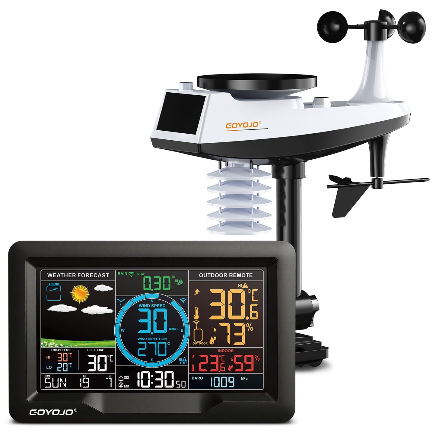 Wireless Weather Station with Color LCD Display, Temperature, Humidity, Wind Speed, Rainfall, 7 Languages, USB Charging, 3-Channel Sensors, 433.92MHz Signal (No WiFi)