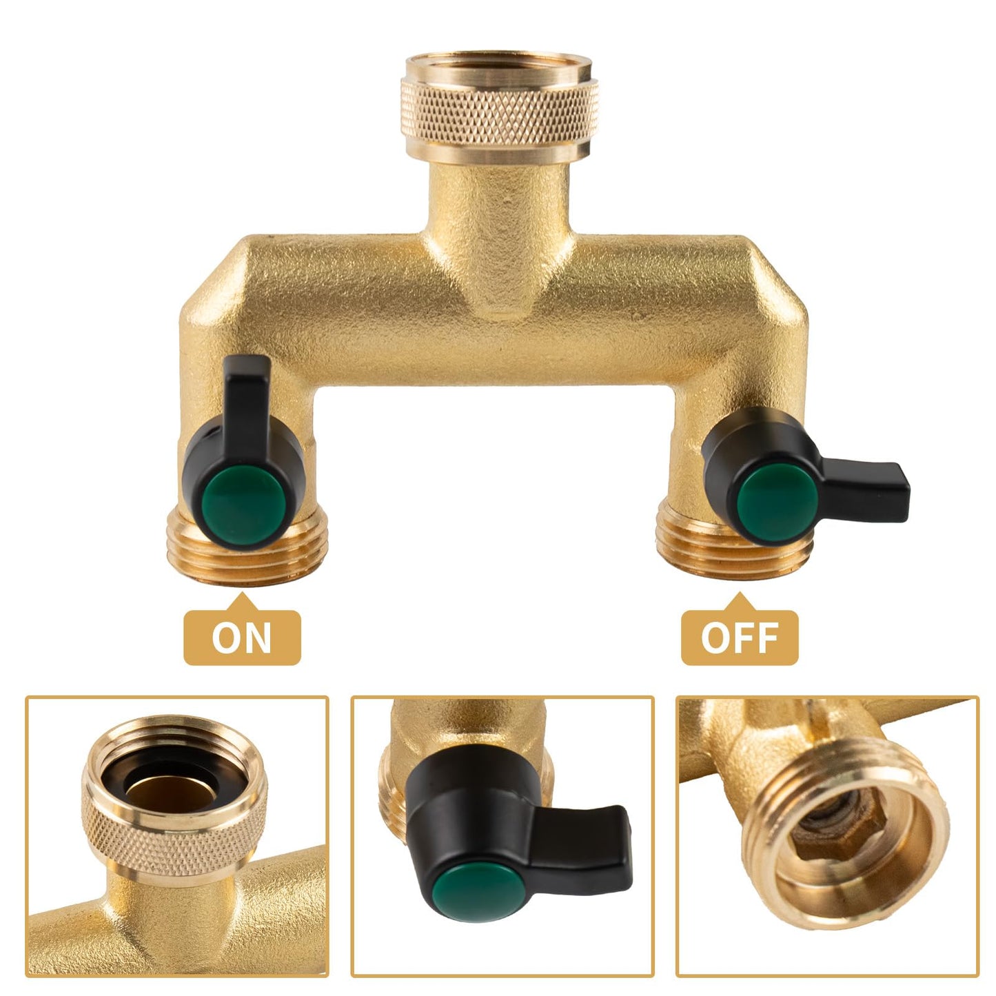 Hose Splitter, 2 Way Heavy Duty Brass Garden Hose Splitter, Outdoor Faucet Splitter, for 3/4" Hose Connector, Hose Spigot Adapter with 2 Individual ON/Off Valves