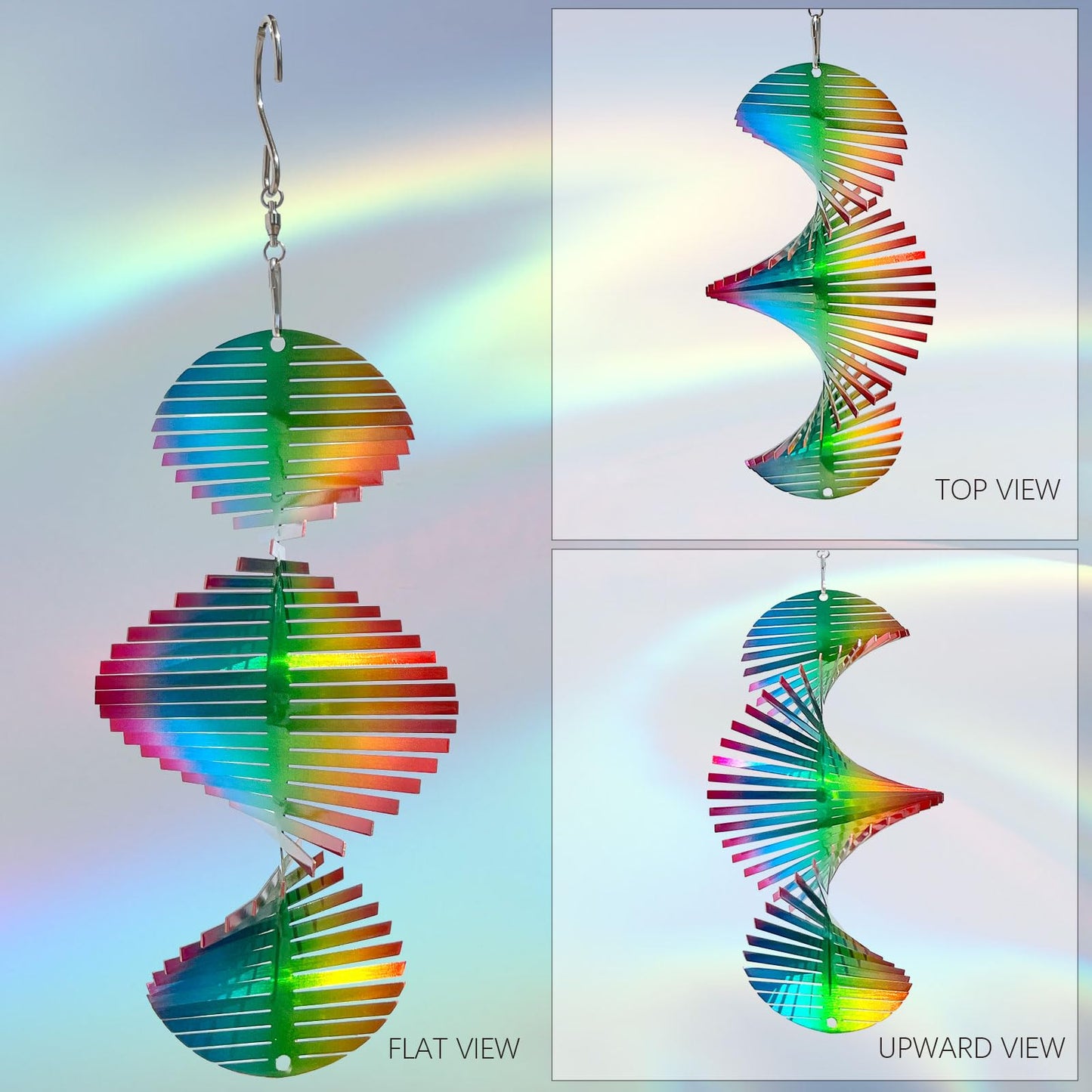 Aoedelyart Rainbow Wave Wind Spinners Outdoor Hanging Decor,7In Stainless Steel Reflective Wind Spinner Yard Art Wind Sculpture,Rainbow Helix Mini Wind Spinners for Yard and Garden Ornaments Gifts