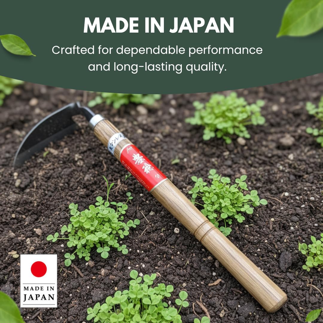 forest Originals Hounen Miyawaki Japanese Weeding Sickle, Twisted Stainless Steel Kama Weeder (4.7 in (12 cm) Blade), 13 in (33 cm) Wood Handle, Root Slicer for Garden Beds & Crabgrass, Made in Japan