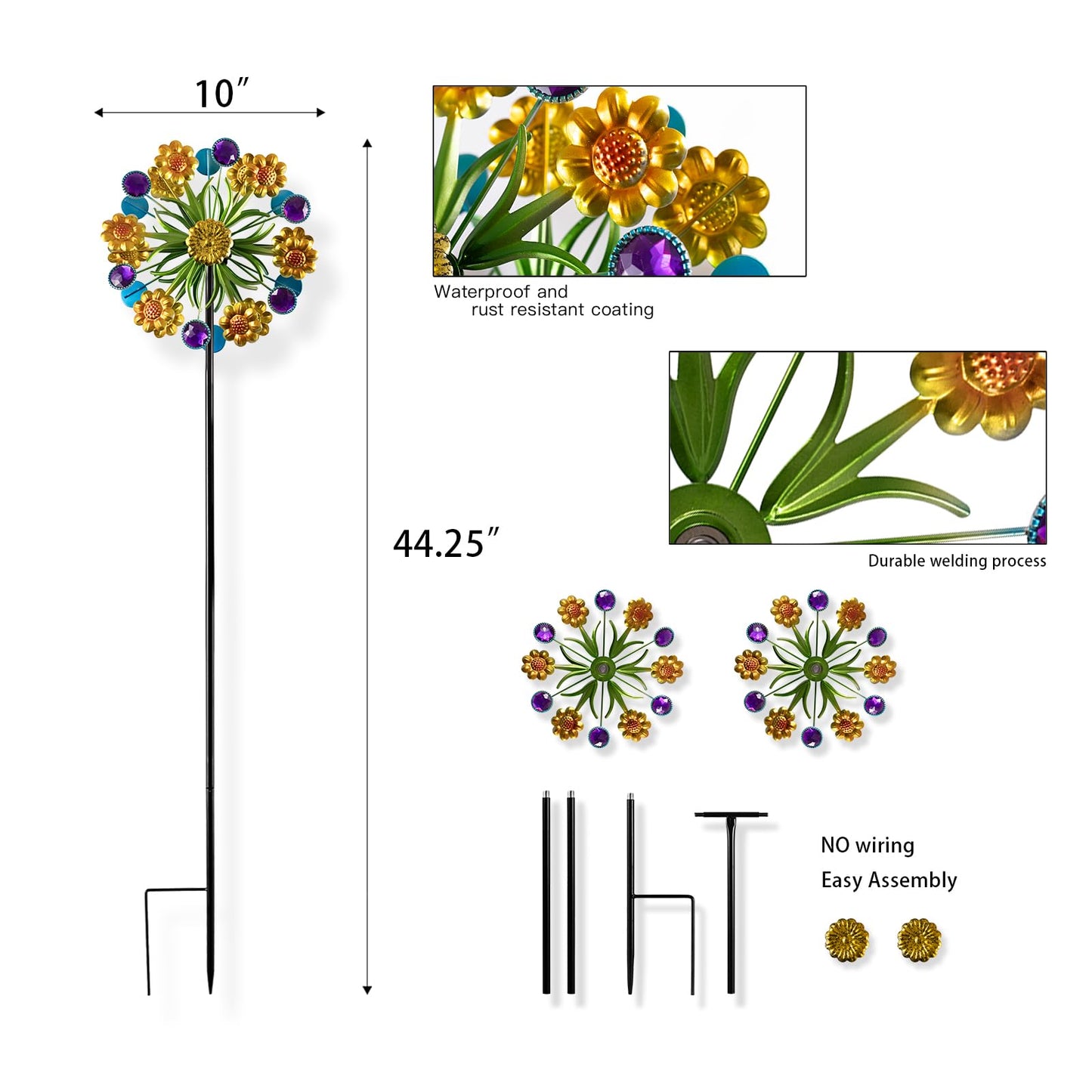 Wind Spinner, Metal Yellow florets and Purple Jewelry 44.25 inch Outdoor Metal Wind Spinners for Patio,Lawn,Garden,Creative Gifts for Women, Double Windmill with Stable Stake