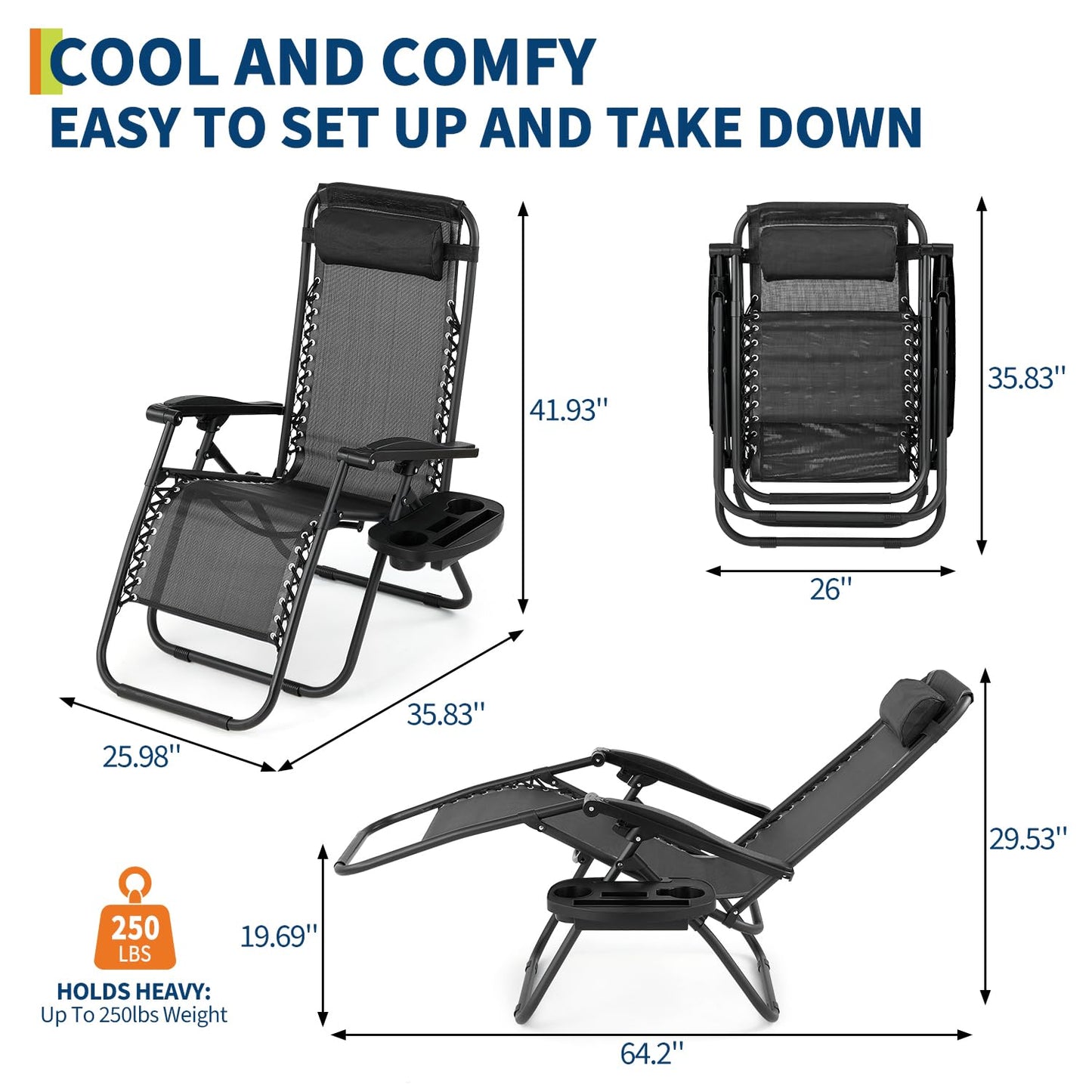 Patio Lounge Chairs Set of 2, Outdoor Recliner with Side Tray & Headrest - Heavy Duty Steel Mesh Folding Chairs, Adjustable Portable Camping Lawn Chairs for Poolside, Beach, Backyard, Deck