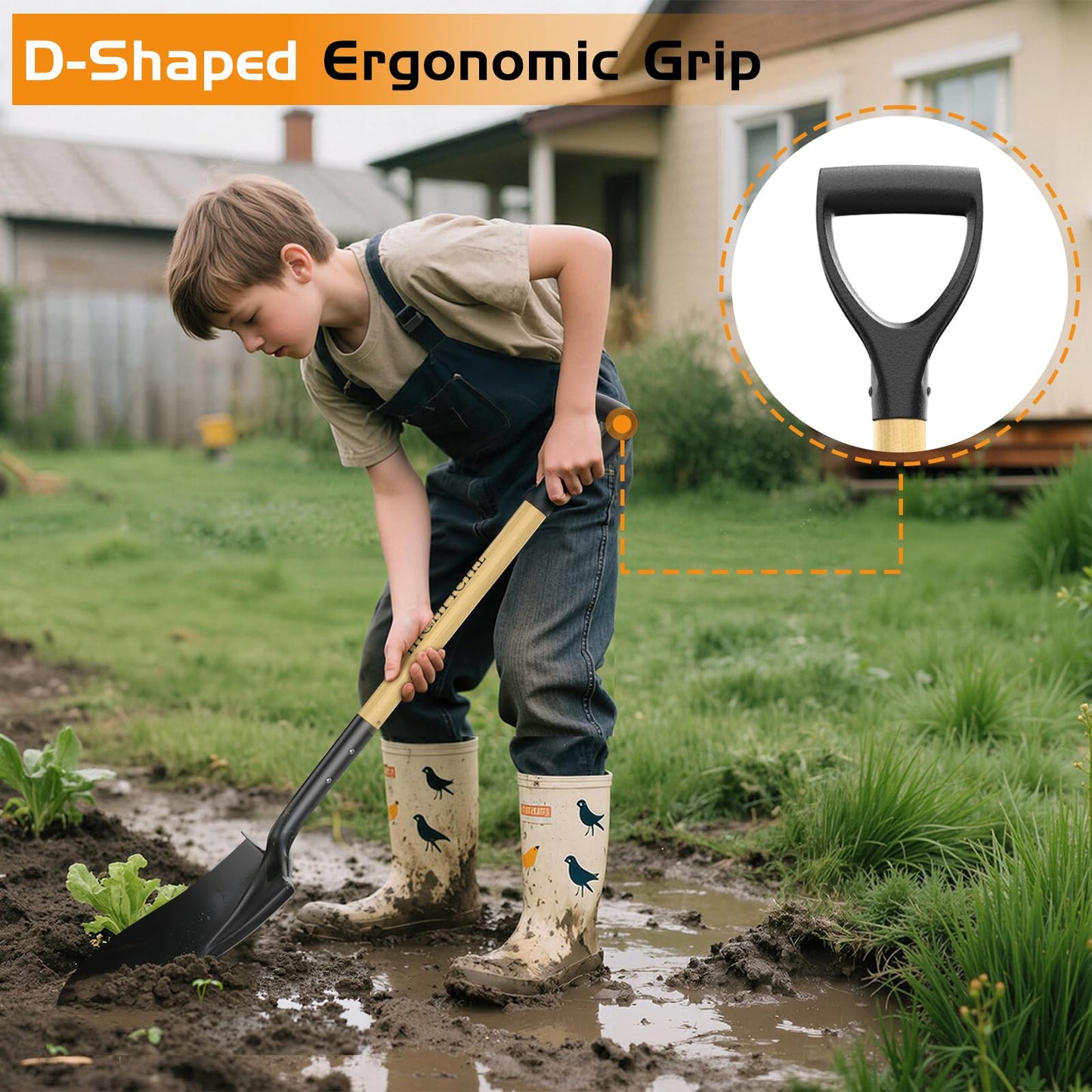 HIGHLIGHT Shovel for Digging,Round Shovel, Garden Tool with D-Handle, 41 Inches in Overall Length, Wooden Handel Garden Shovel for Beach, Car, Snow