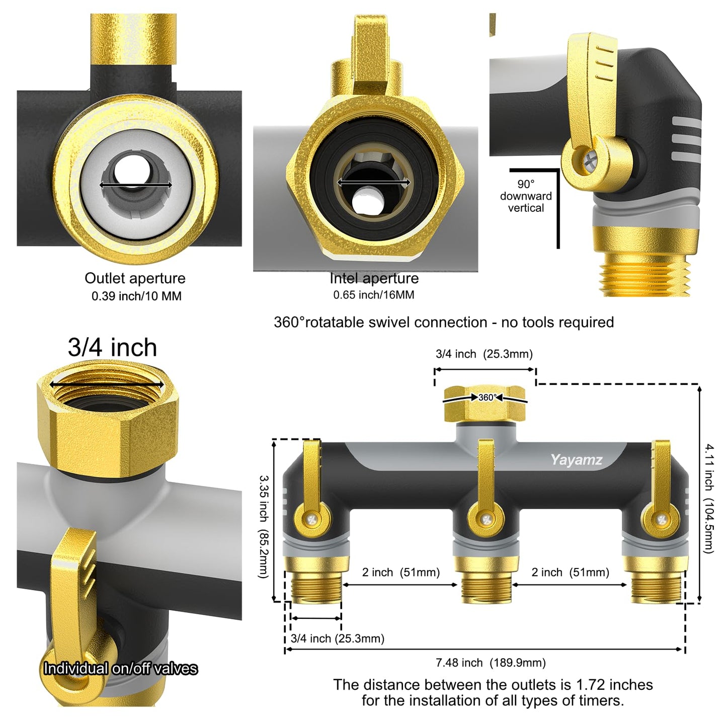 3 Way Garden Hose Splitter,High Flow Outdoor Faucet Splitter,Hose Splitter with Independent Shut Off Valves,Wide Spacing for Hose Timers,Sprinklers,Lawn,Yard and Garden Watering