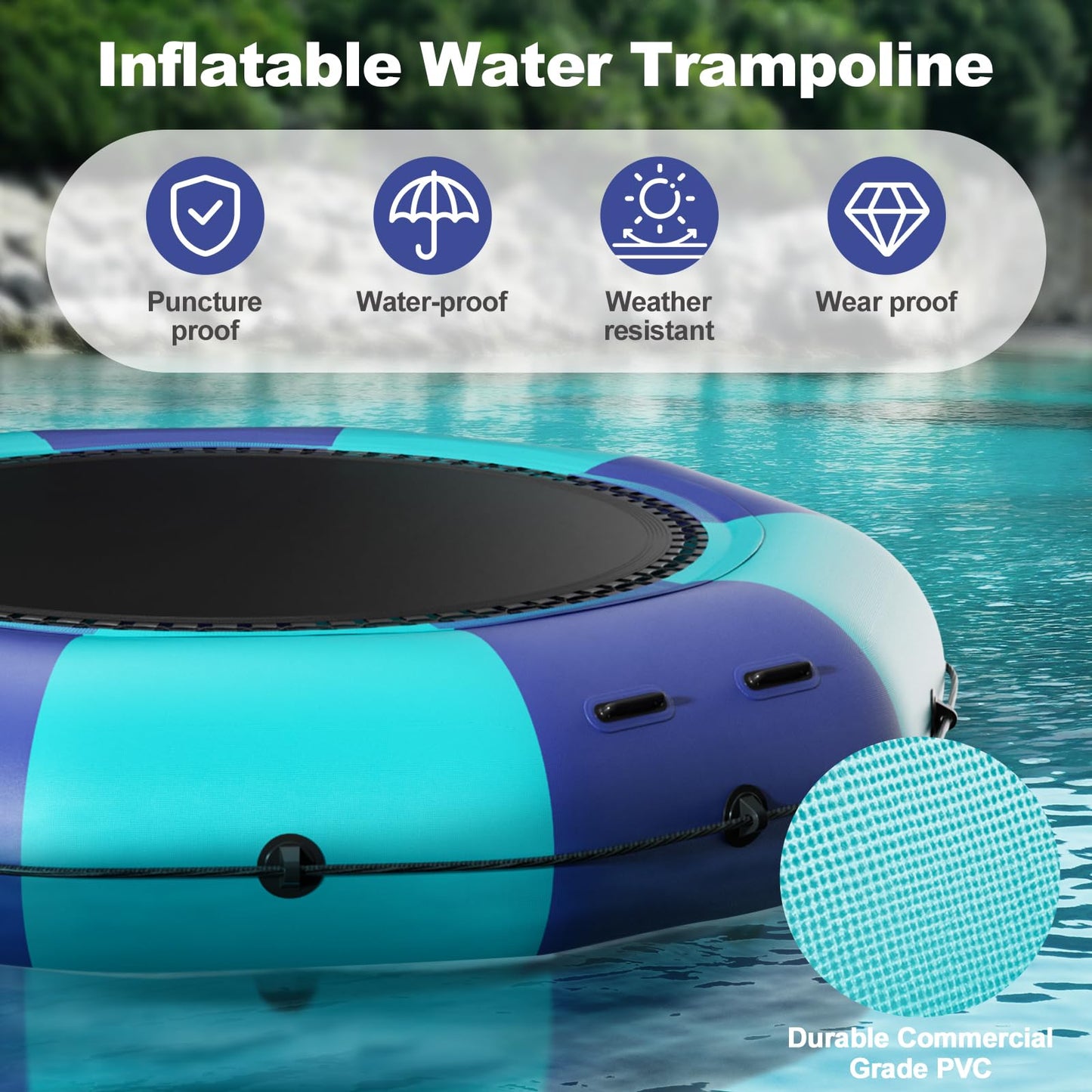 10FT Inflatable Water Trampoline, Recreational Water Bouncer, Adults Youth Floating Rebounder with 4-Step Ladder, Portable Bounce Swim Platform for Pool, Lake, Water Sports