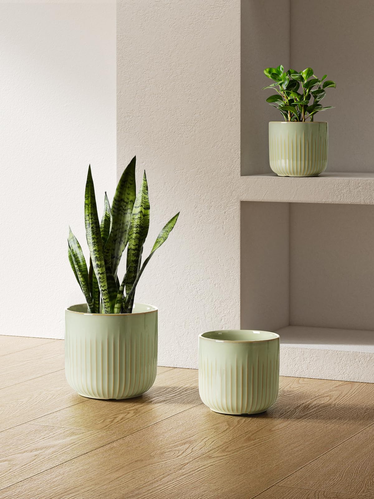 LE TAUCI Ceramic Pots for Plants, 8.3/7/6 Inch Indoor Planters with Drainage Holes & Mesh, Modern Glossy Glaze Cylinder Fluted Plant Pot for Snake Plant, Set of 3, Sage Green