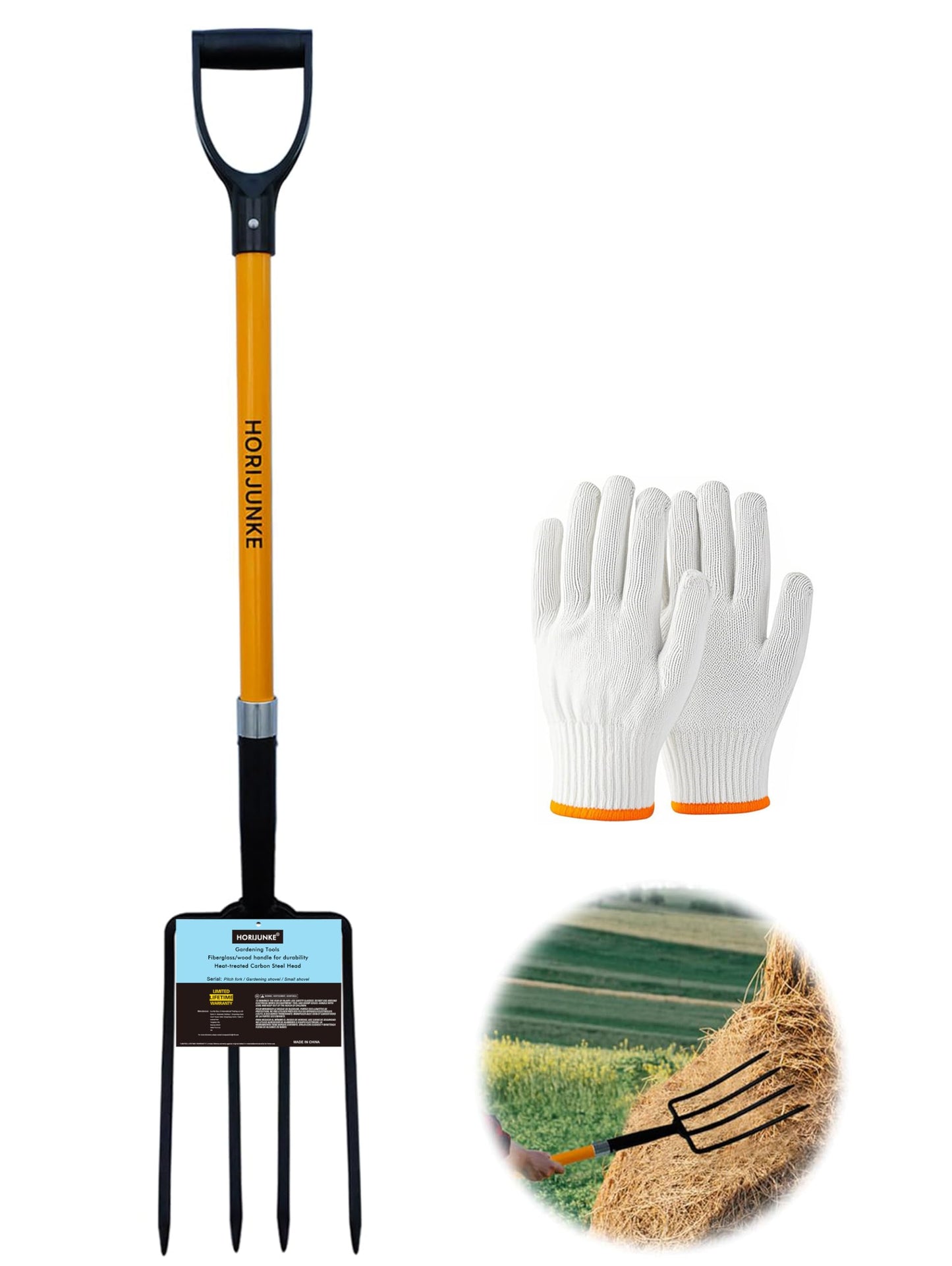 HORIJUNKE Garden Fork, 4-Tines Pitchforks,45-Inch Pitchfork for Gardening,Fiberglass Digging Fork Pole, D-Handle