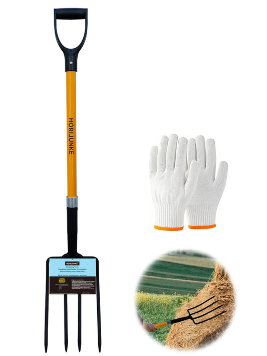 HORIJUNKE Garden Fork, 4-Tines Pitchforks,45-Inch Pitchfork for Gardening,Fiberglass Digging Fork Pole, D-Handle
