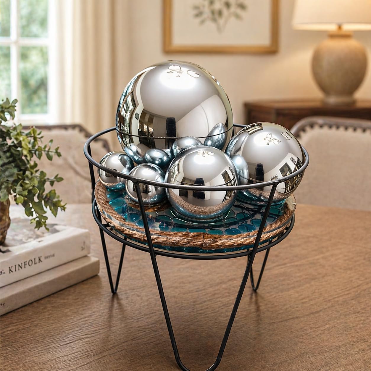 Nerien Gazing Ball, Stainless Steel Garden Mirror Globe, Polished Ornament Sphere, Hollow Floating Reflective Hemisphere, for Home Outdoor Pond Housewarming Swimming Pool Decoration, Silver, 5Pcs Mix