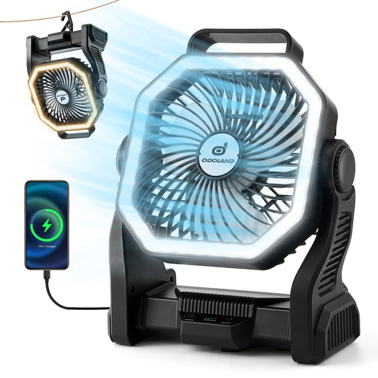 Odoland Rechargeable Camping Fan, 20000mAh Battery Fans with LED Lantern for Tent Car Beach Storm, Portable Light Desk Cooling Fan for Picnic Power Outage Hurricane, Black
