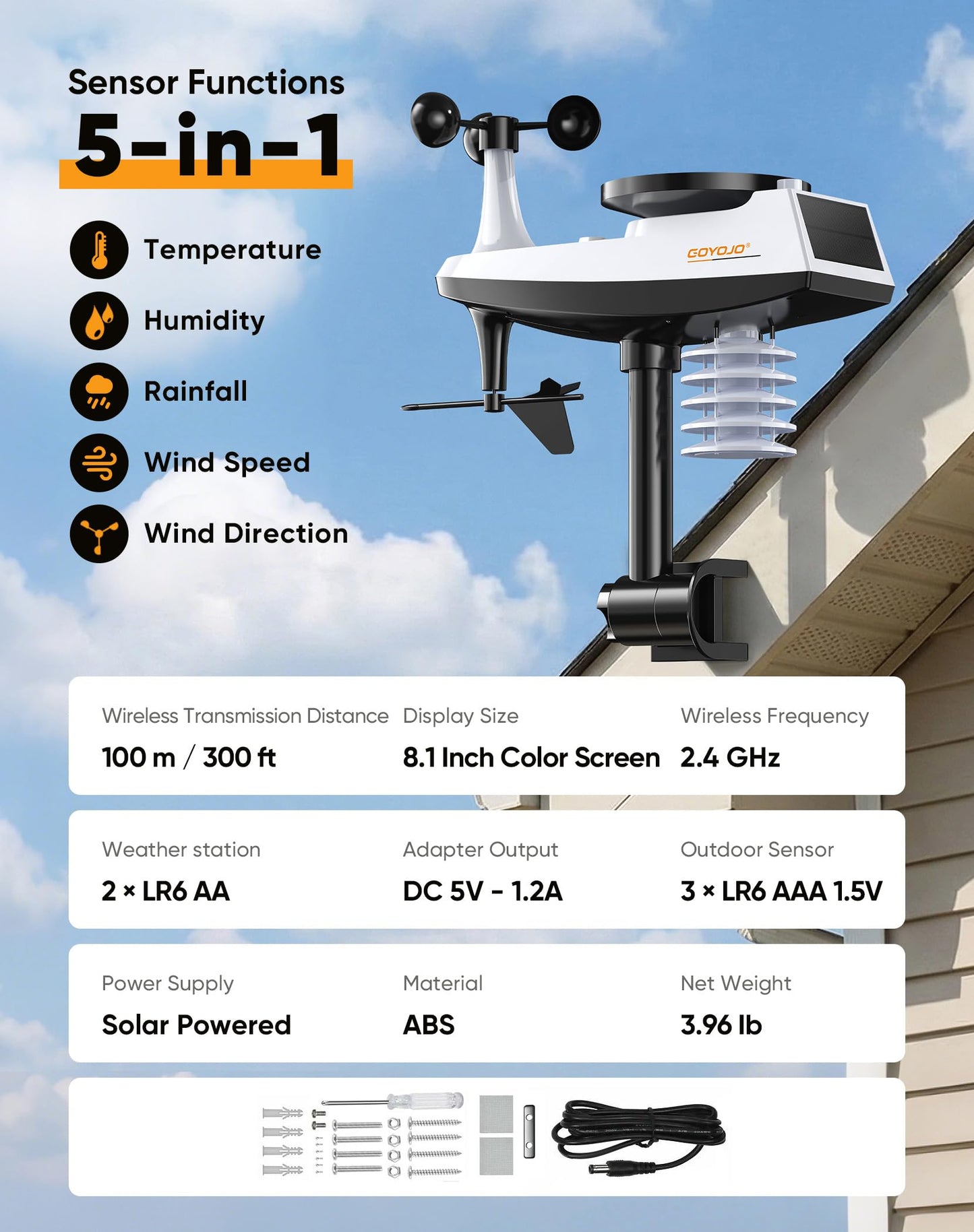 Wireless Weather Station with Color LCD Display, Temperature, Humidity, Wind Speed, Rainfall, 7 Languages, USB Charging, 3-Channel Sensors, 433.92MHz Signal (No WiFi)