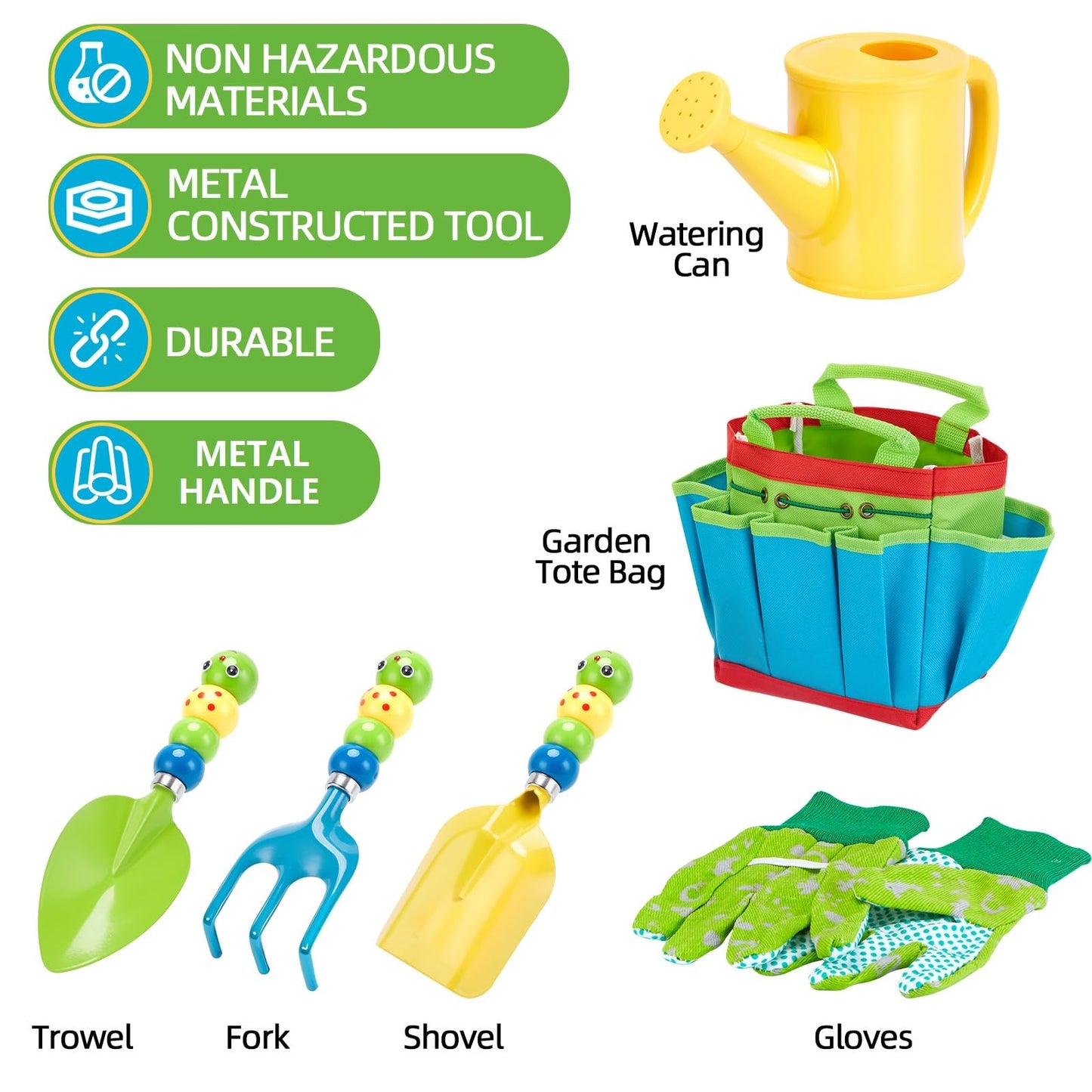 FITNATE Green Kids Garden Tools Set,6 PCS Gardening Tools for Kids Including Watering Can, Shovel, Rake, Fork, Children Gardening Gloves and Garden Tote Bag, All in One Set