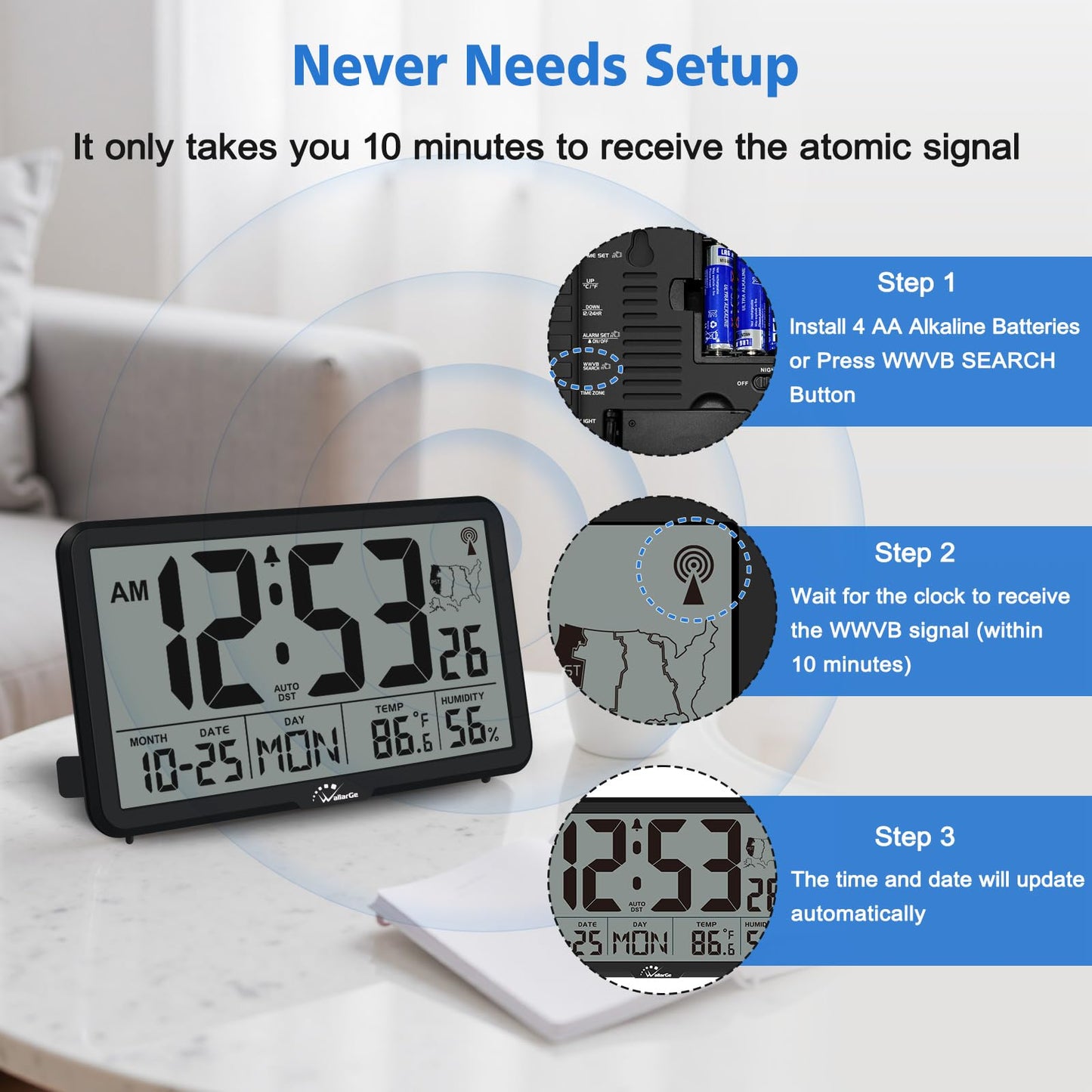 WallarGe Atomic Wall Clock with Backlight, Digital Wall Clock Battery Operated for Classroom, Bedroom, Office, Large Display with Indoor Temperature, Humidity, Date, AUTO DST, 6 Time Zones
