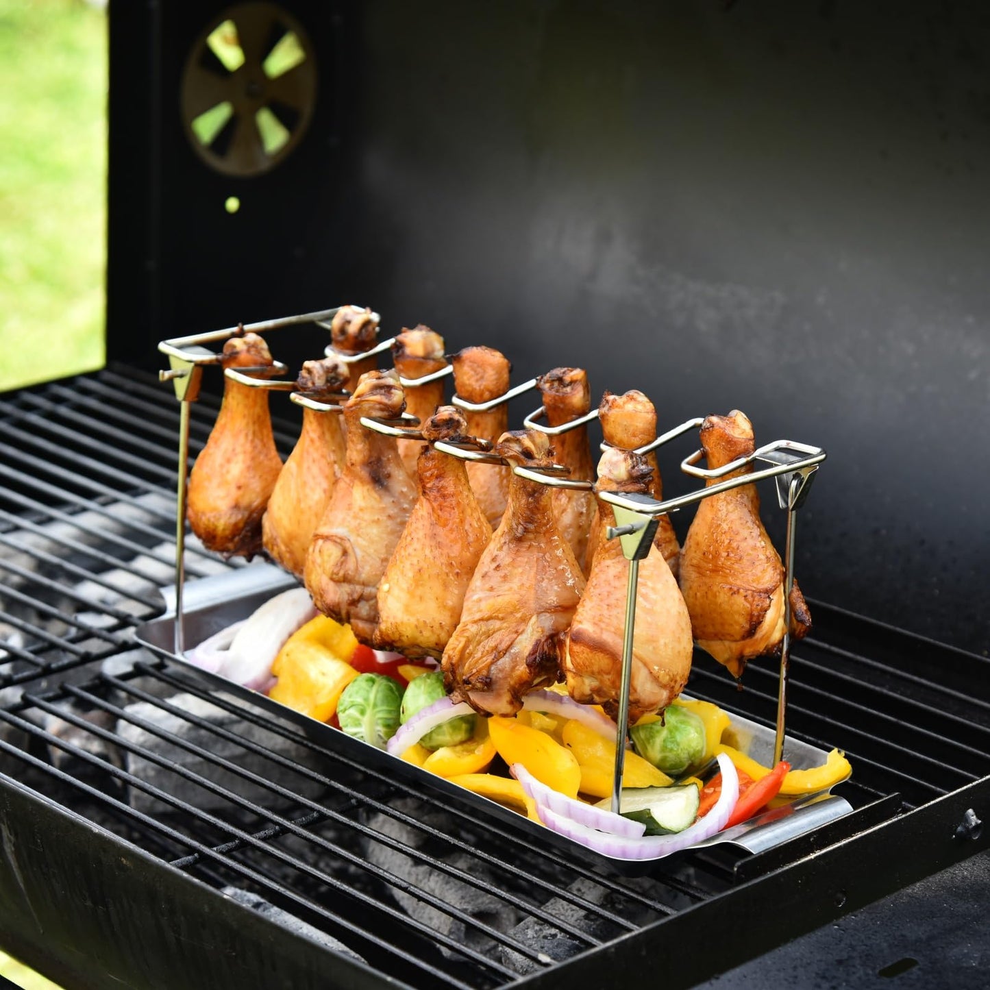 RTT Chicken Leg Rack for Grill with Drip Tray - Easy to Use 12 Slots Chicken Wing Rack - Premium Stainless Steel Chicken Drumstick Rack for Smoker - Chicken Drumstick Holder for Grill Accessories