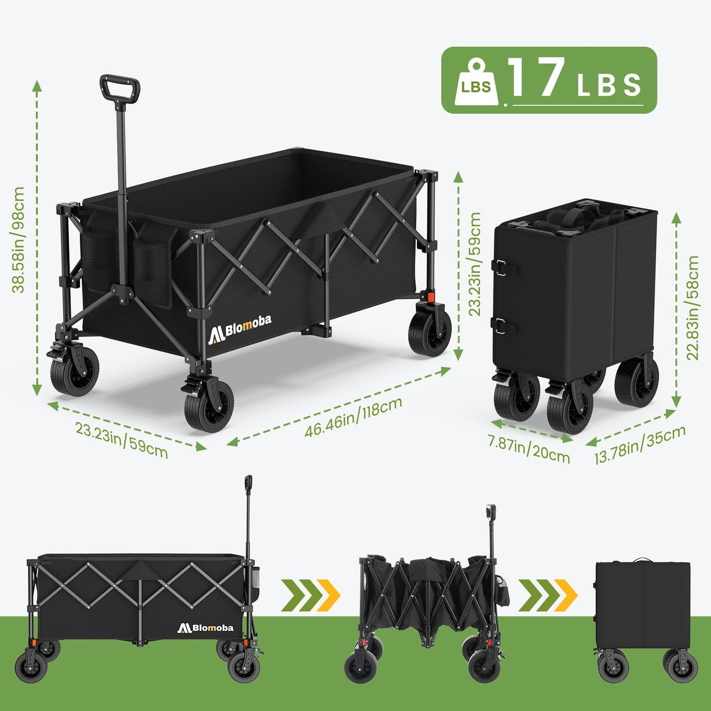 Blomoba Collapsible Wagon Cart, 330LBS Heavy Duty Folding Cart with Wheels 360° Rotation, Built-in Brakes, Flexible Handle, Portable Utility Wagon for Grocery Sports Garden Shopping Camping