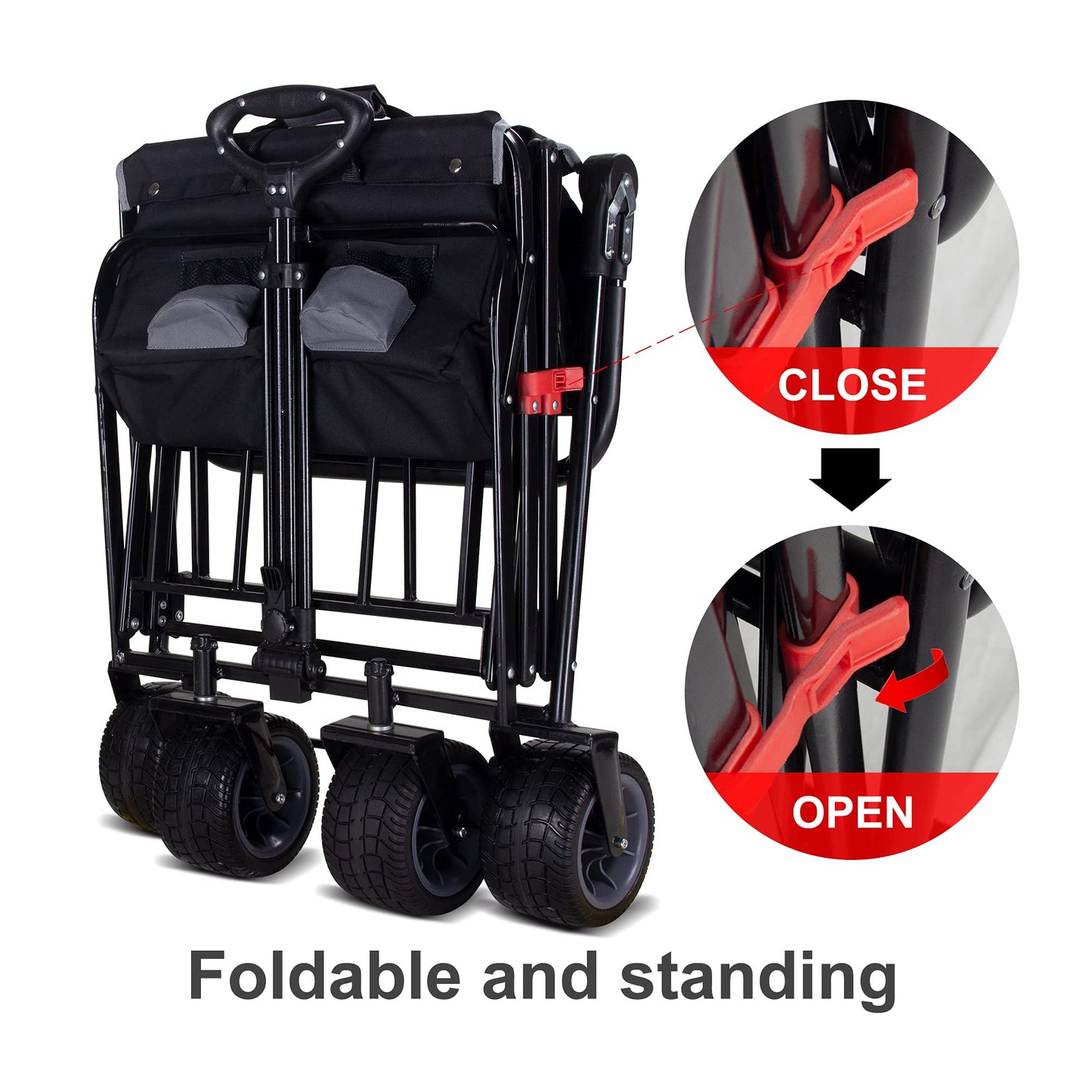 TMZ All Terrain Utility Folding Wagon, Collapsible Garden Cart, Heavy Duty Beach Wagon, for Shopping, Camping, and Outdoor Activities with Push Handle and Brake (Black/Grey)