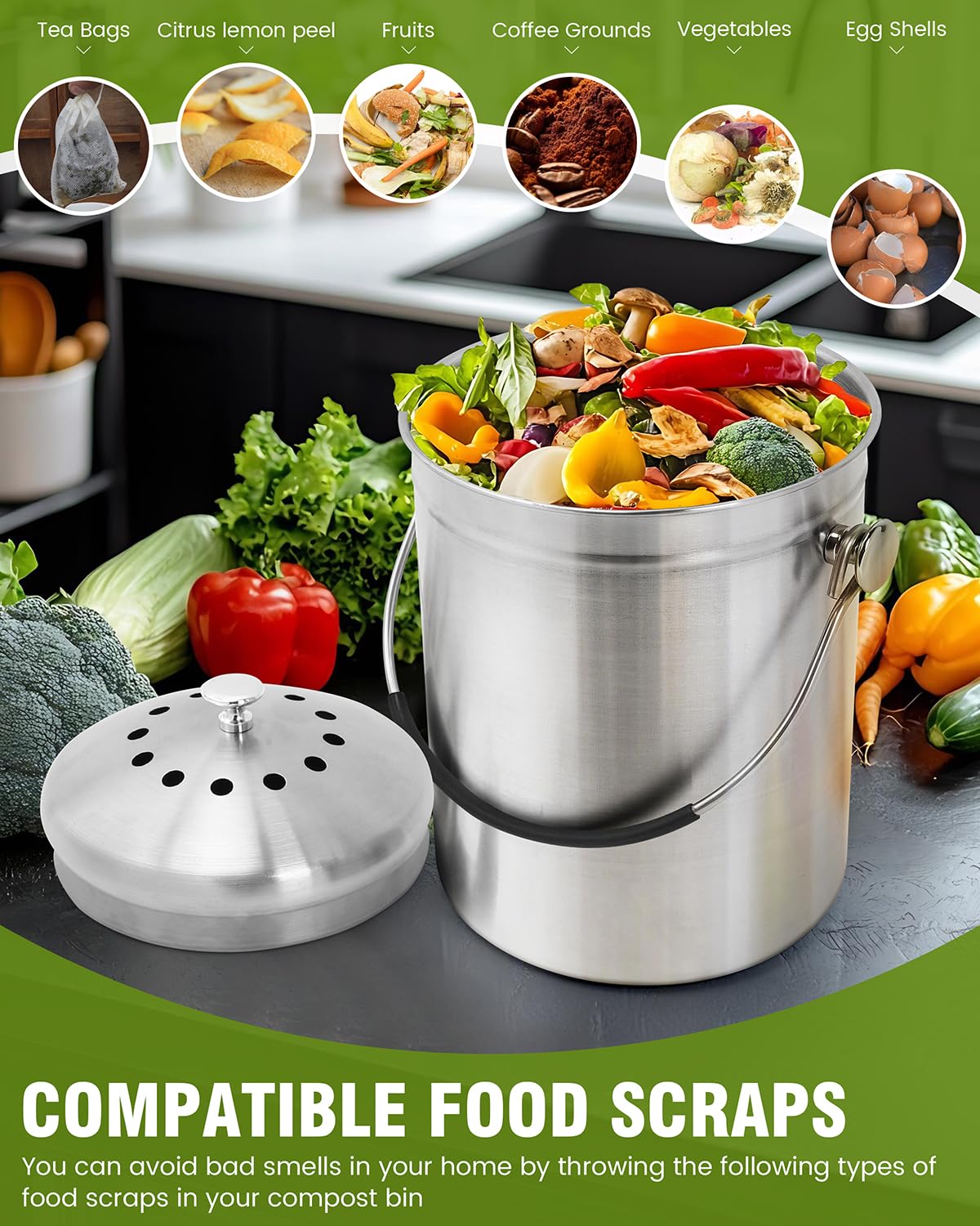 LRYYBTI Countertop Compost Bin Kitchen with Lid and 2 Charcoal Filter for Odorless Composting | Stainless Steel Kitchen Composter with Soft-Grip Handle (Silver, 1.3 Gallon)
