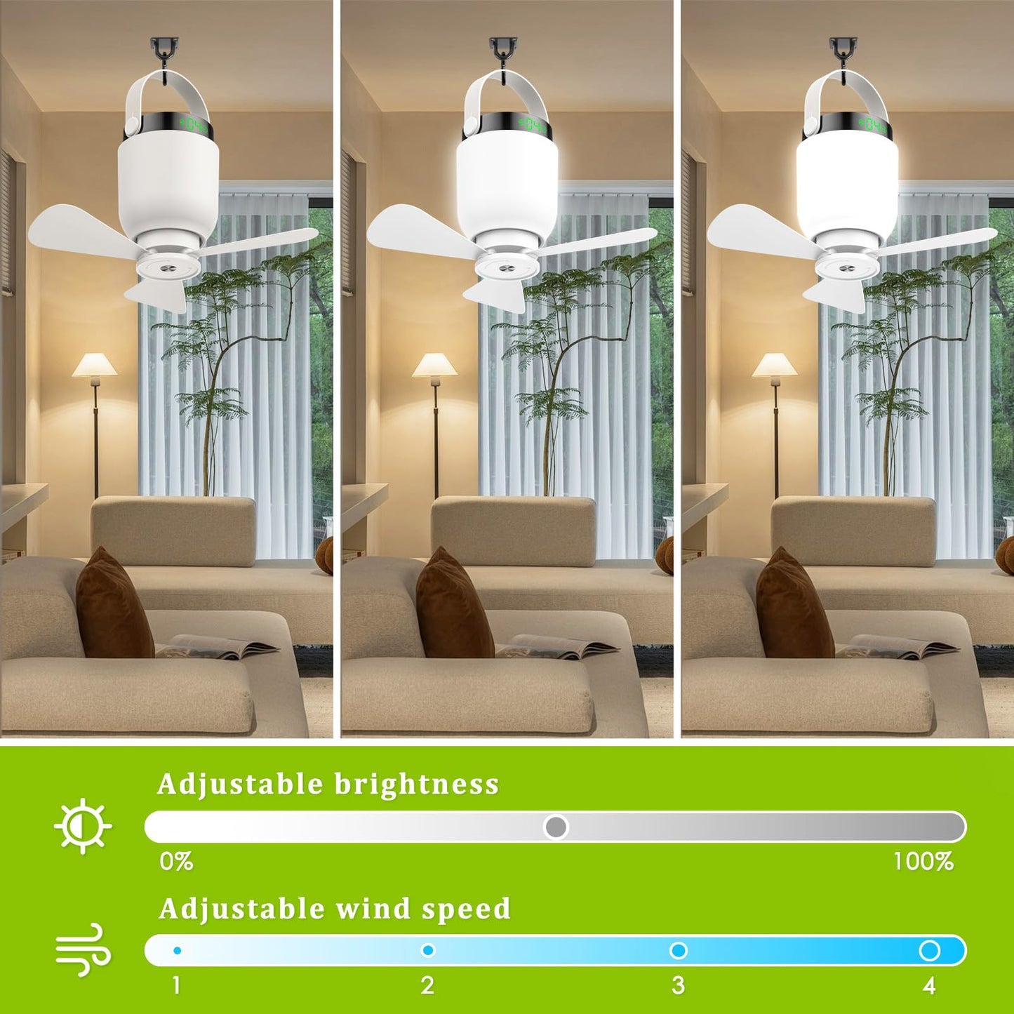 Rechargeable Camping Fan with LED Lantern, 2 in 1 Portable Small Ceiling Fan with Light for Outdoor Tent Gazebo Patio RV, USB C Battery Powered White Fan with Remote, Detachable 3 Blade Hanging Fan