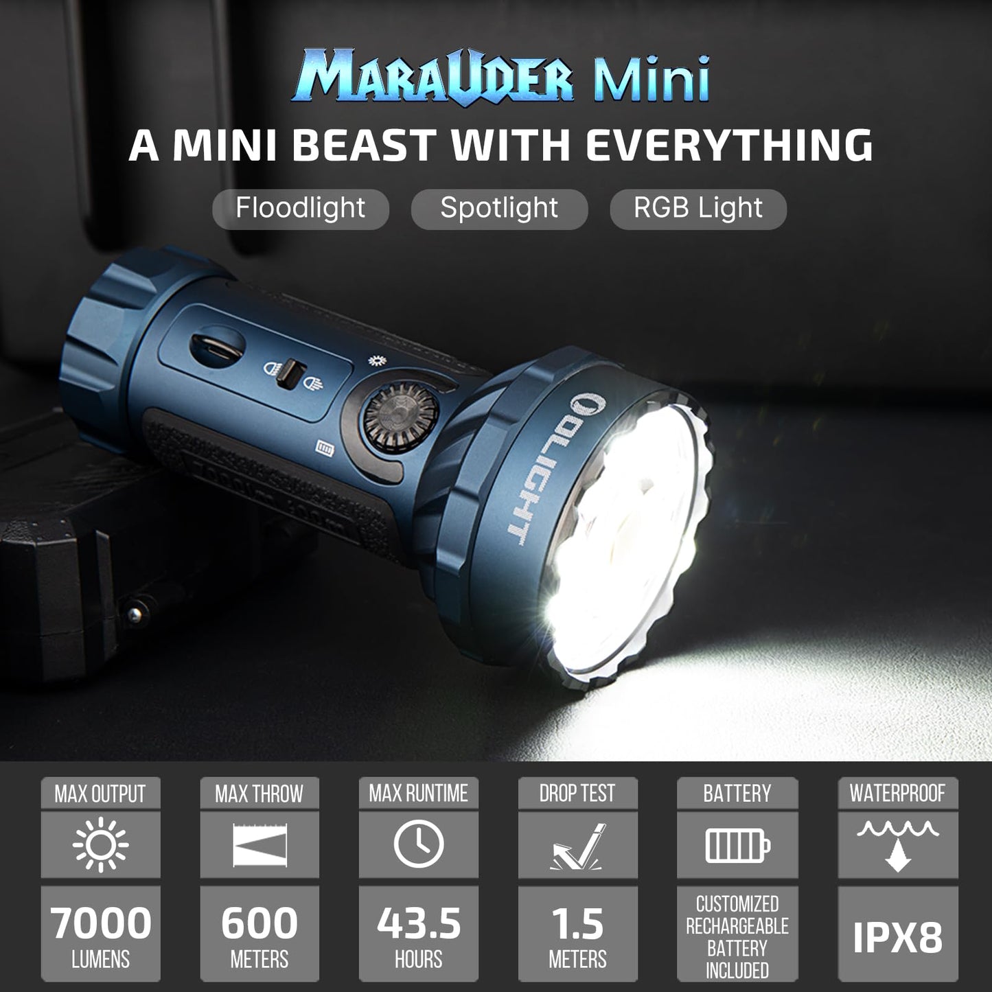 OLIGHT Marauder Mini 7,000 Lumens Bright Flashlight with 600 Meters Beam Distance, Powerful RGB Lights, Magnetic Rechargeable for Outdoors Work, Hunting, and Searching(Midnight Blue)