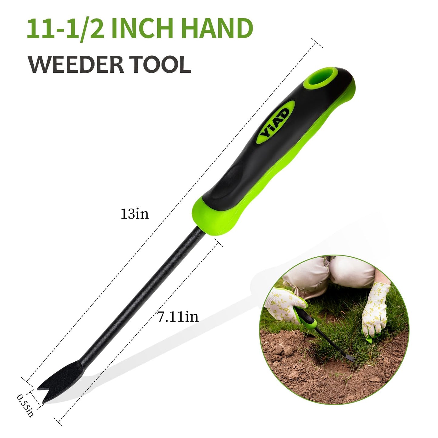 YIAD Hand Weeder Weed Puller Tool - 13-Inch Heavy Duty Dual Tip Design for Root Removal, Rust-Resistant Steel, Ergonomic Grip, for Garden Lawn Yard Patio Flower Bed