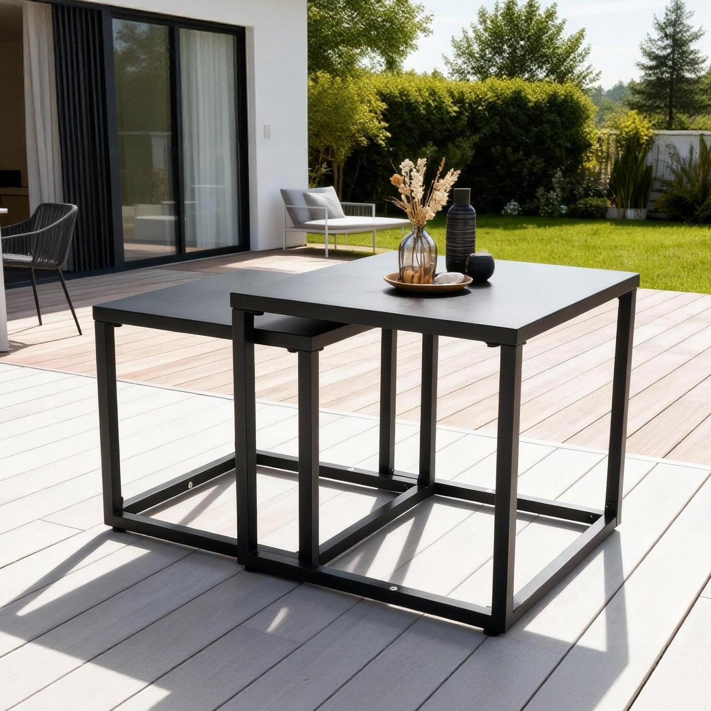 Meluvici Patio Outdoor Coffee Table Set of 2, Weather Resistant Steel Square End Tables, Outdoor Nesting Tables for Patio, Balcony, Bistro and Indoor, Black (Black)