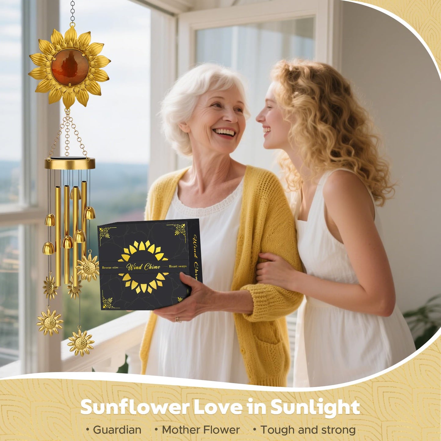 JYPS Solar Wind Chimes with Sunflower LED Lights, 42-Inch Large Waterproof Outdoor Garden Decor for Patio Yard, Unique Gifts for Women Mom Grandma, Mother's Day Christmas Birthday Easy-Install Design