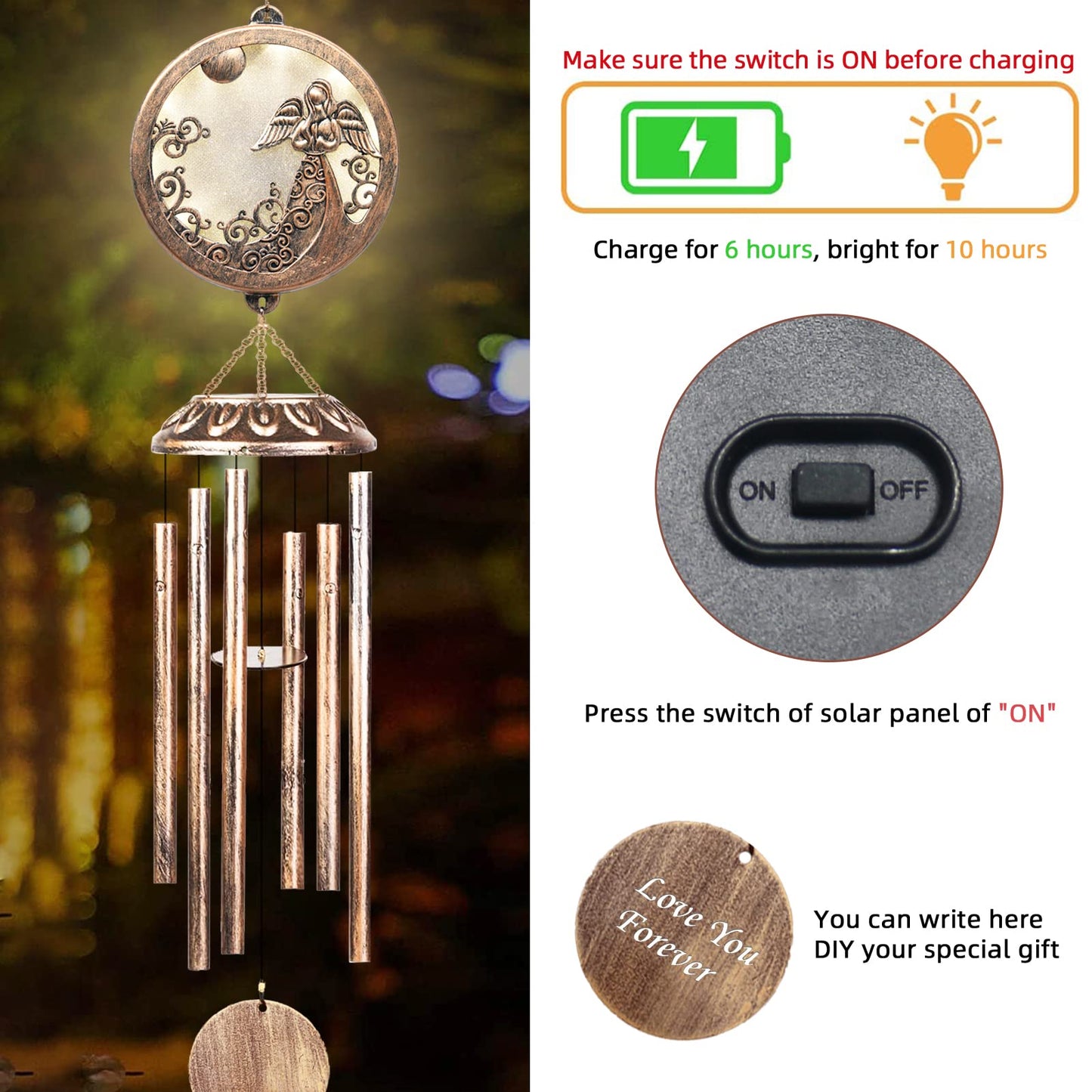 FSVGYY Solar Angel Wind Chimes for Outside-Memorial Wind Chimes- Memorial Wind Chime for Garden/Patio Decor Gifts for Mom Women-Loss of Loved One (33 Inch Deep Tone)